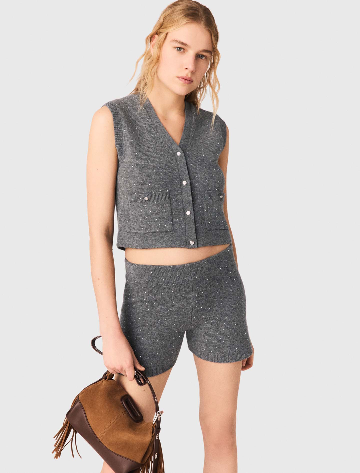 Rhinestone knit top - Grey