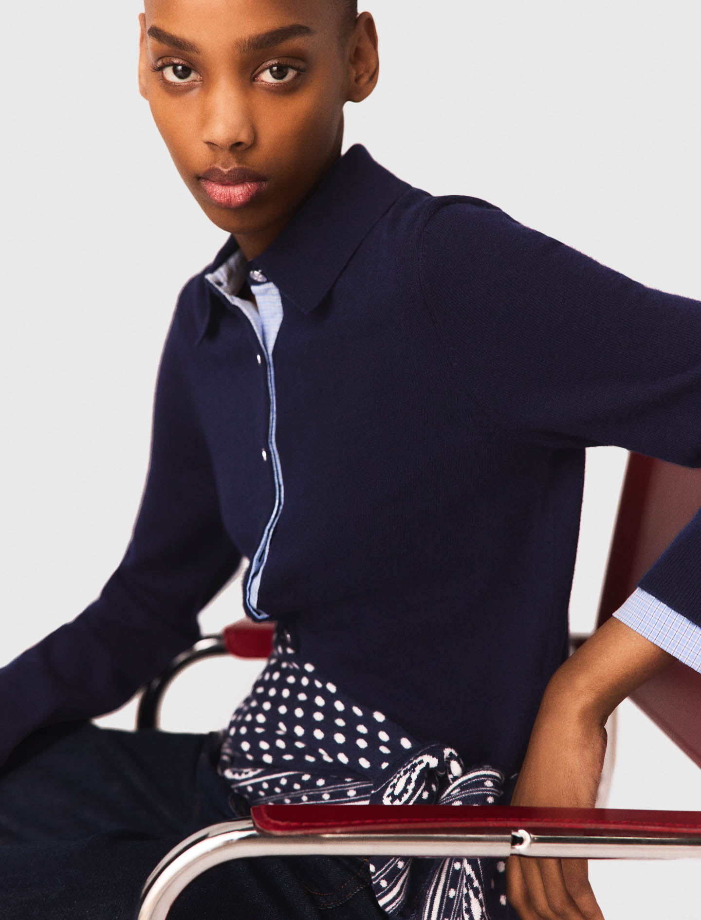 Polo cardigan with removable trims - Navy