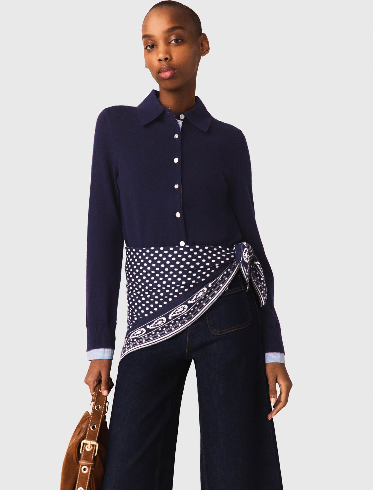 Polo cardigan with removable trims - Navy