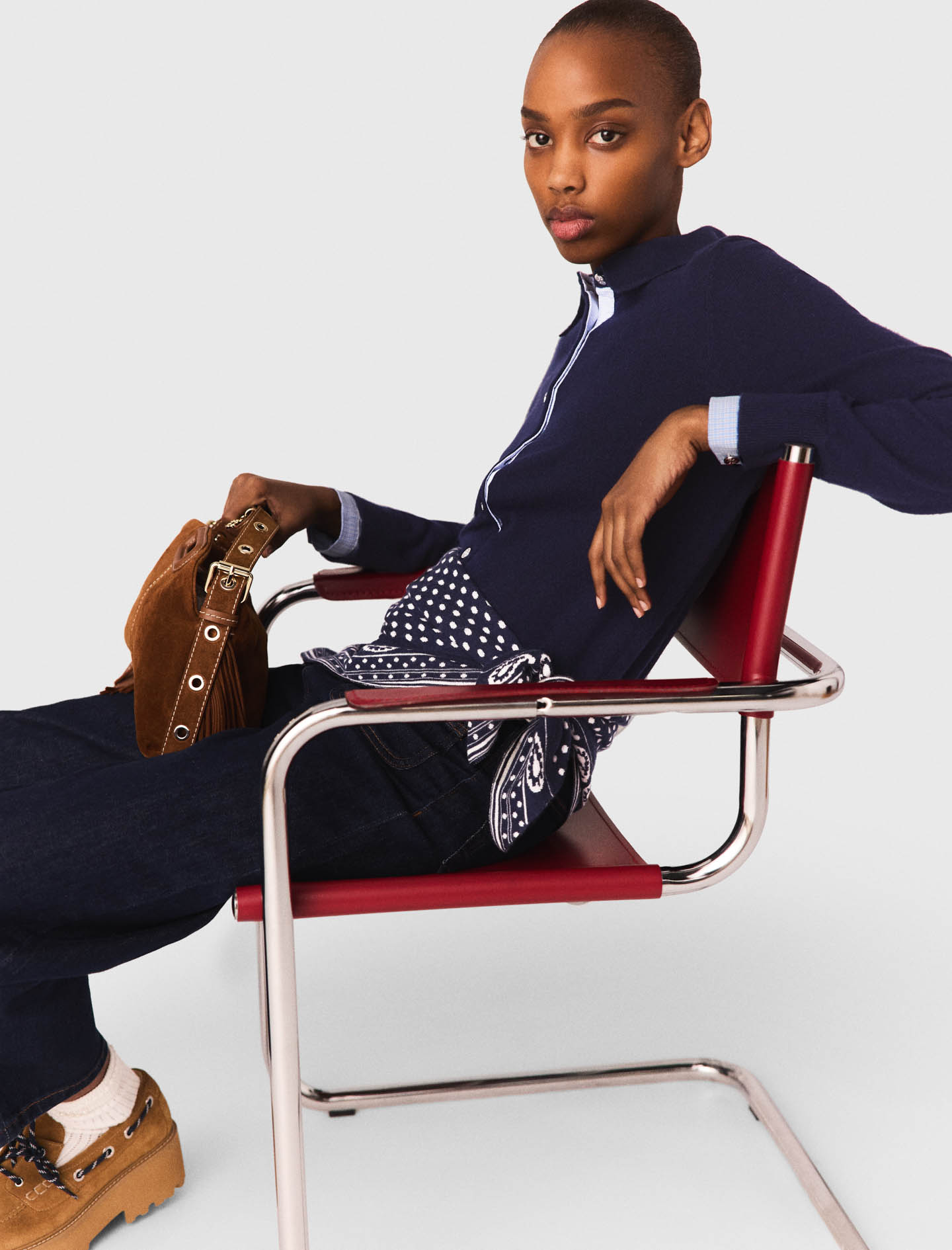 Polo cardigan with removable trims - Navy