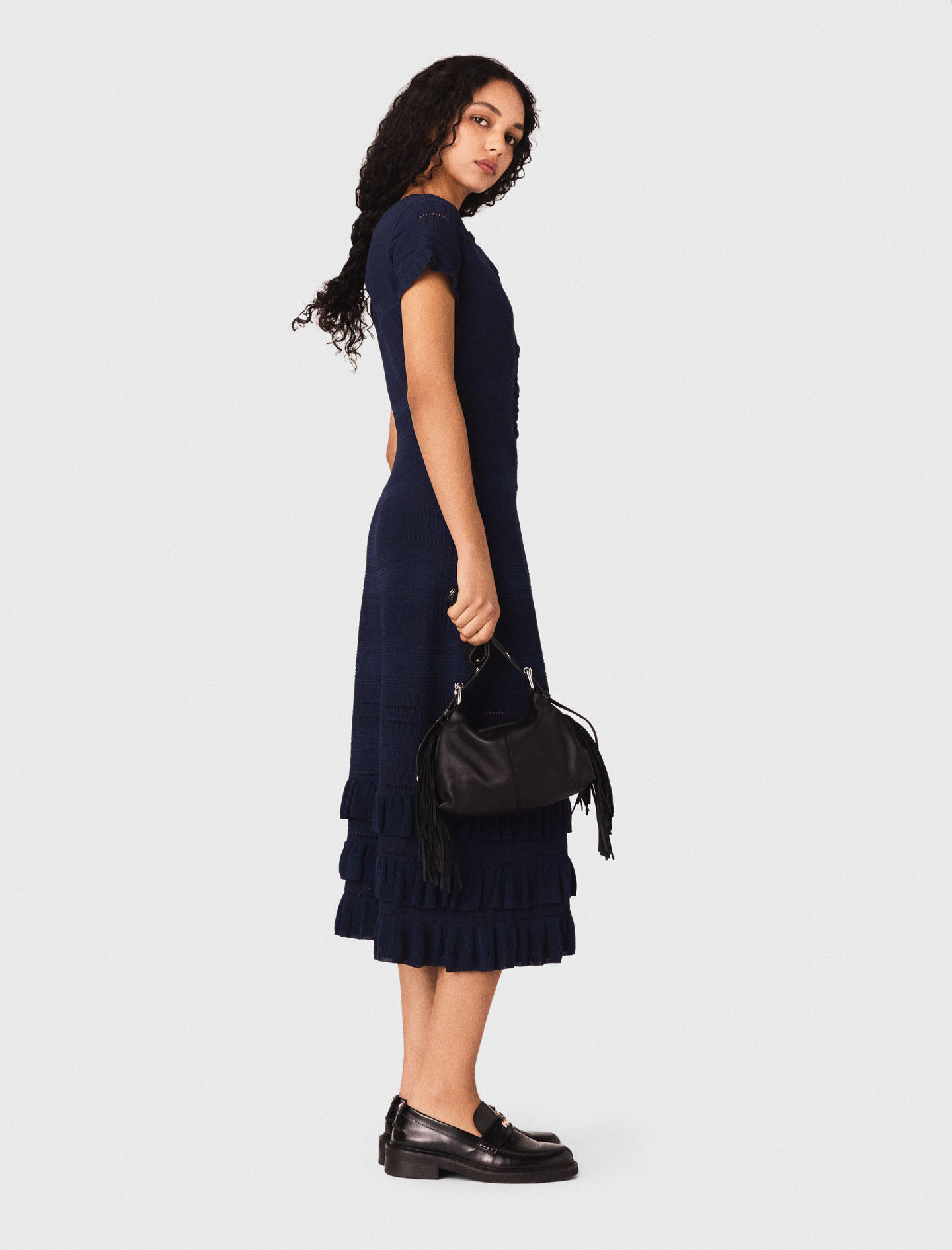 Knit maxi dress with ruffles - Navy