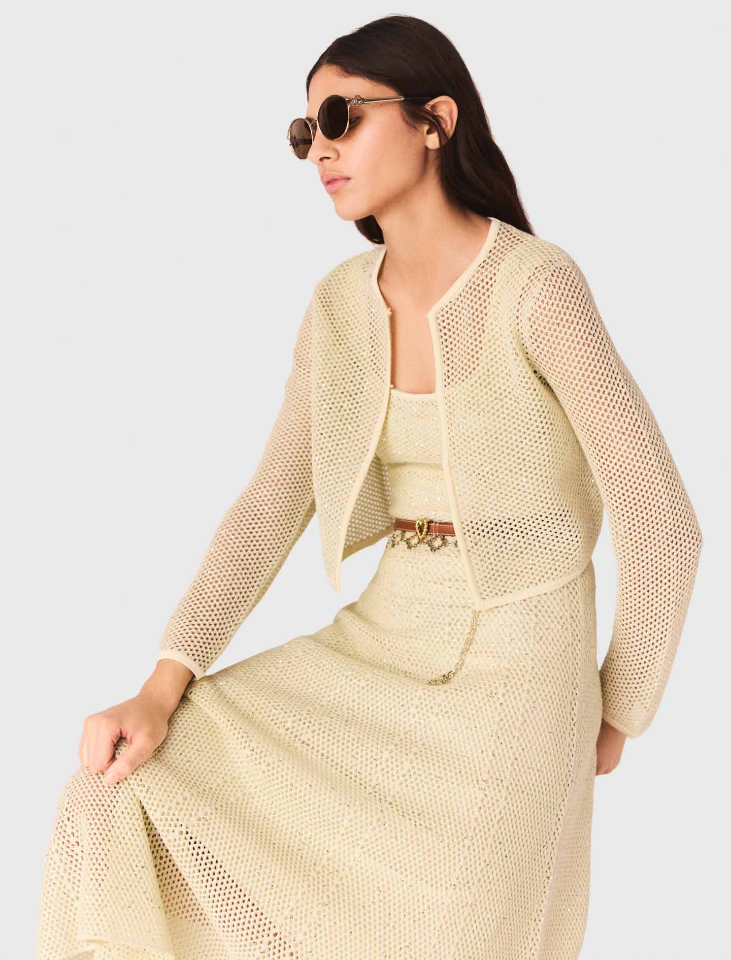 Rhinestone knit cardigan - Yellow