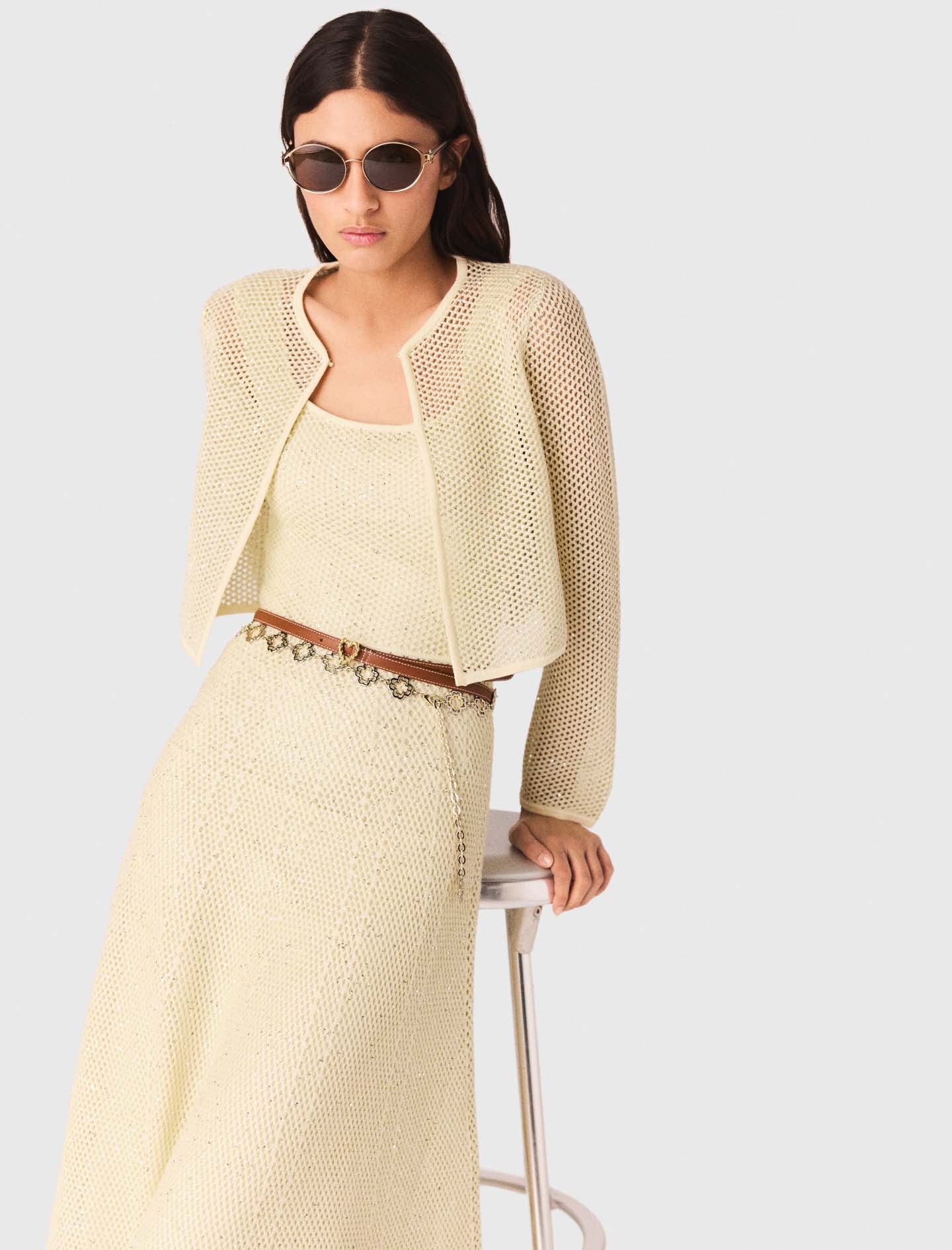 Rhinestone knit cardigan - Yellow