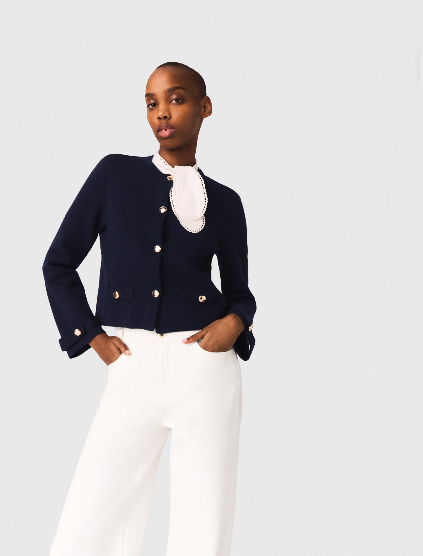 Detachable embroidered collar cardi - Navy