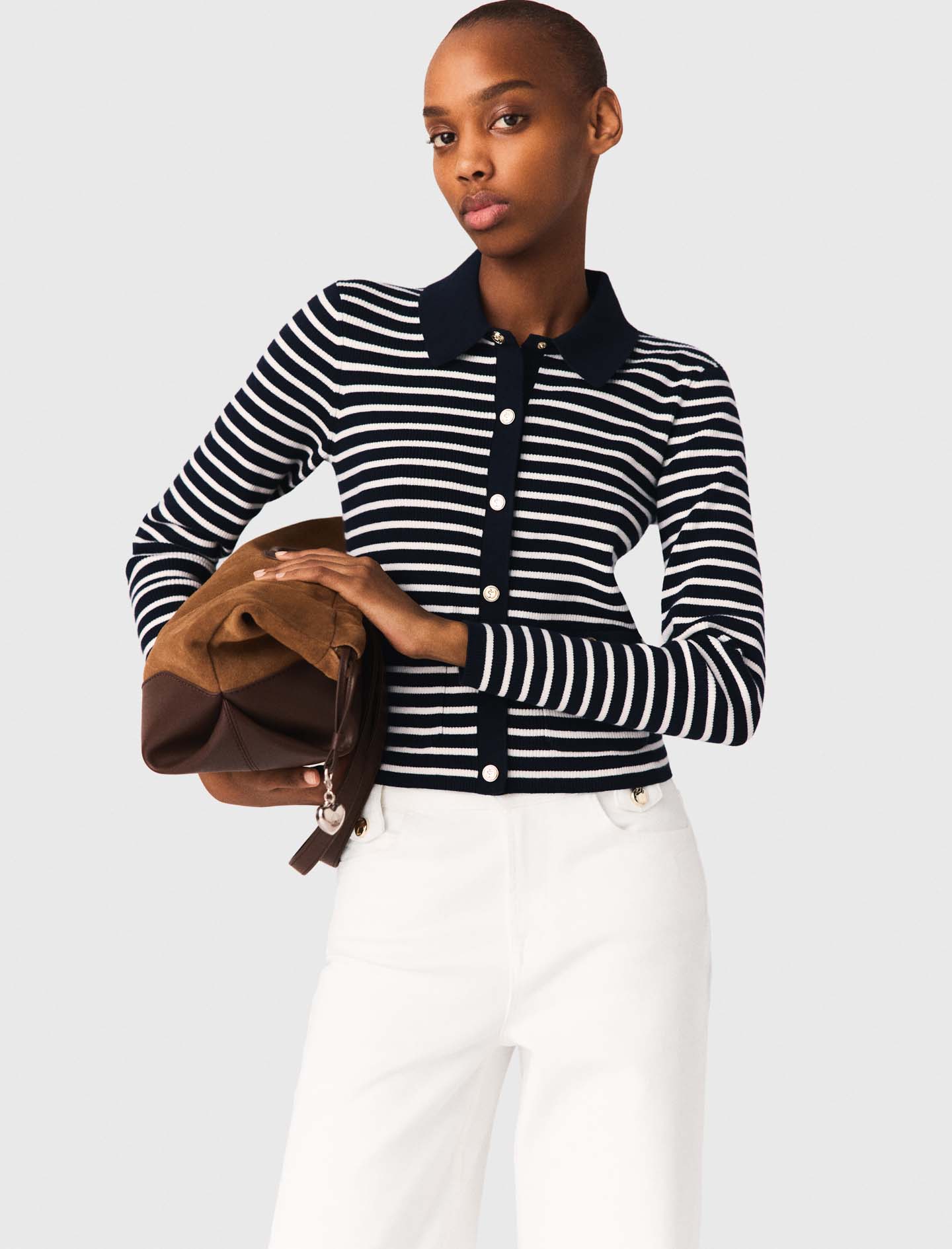 Striped polo cardigan - Navy