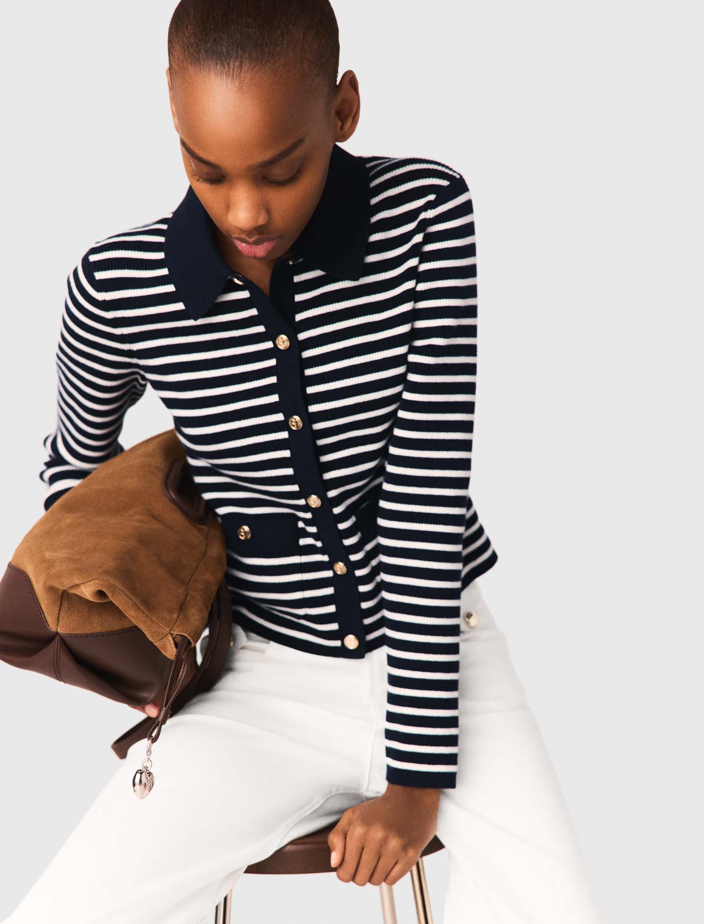 Striped polo cardigan - Navy