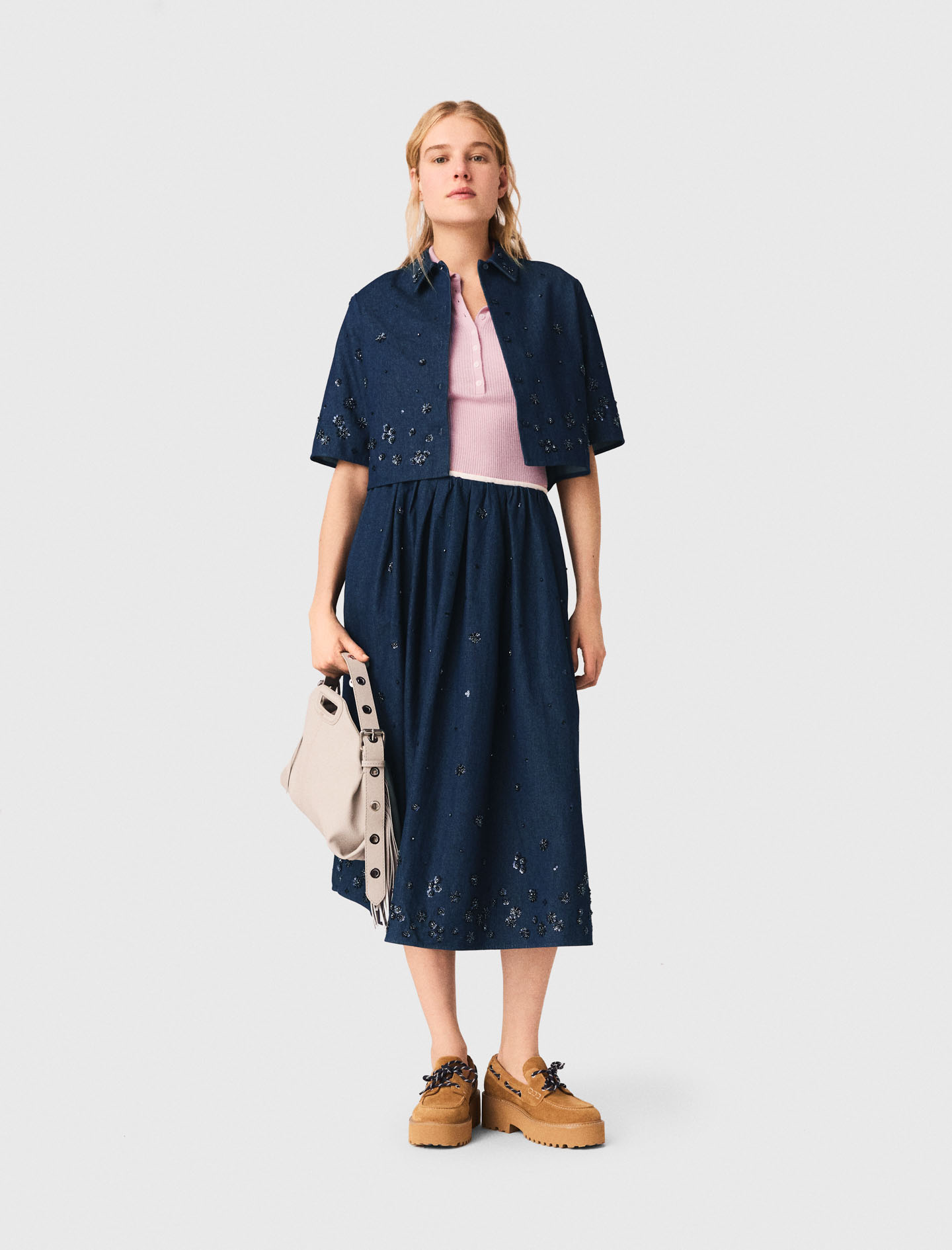 Embroidered cropped denim shirt - Navy