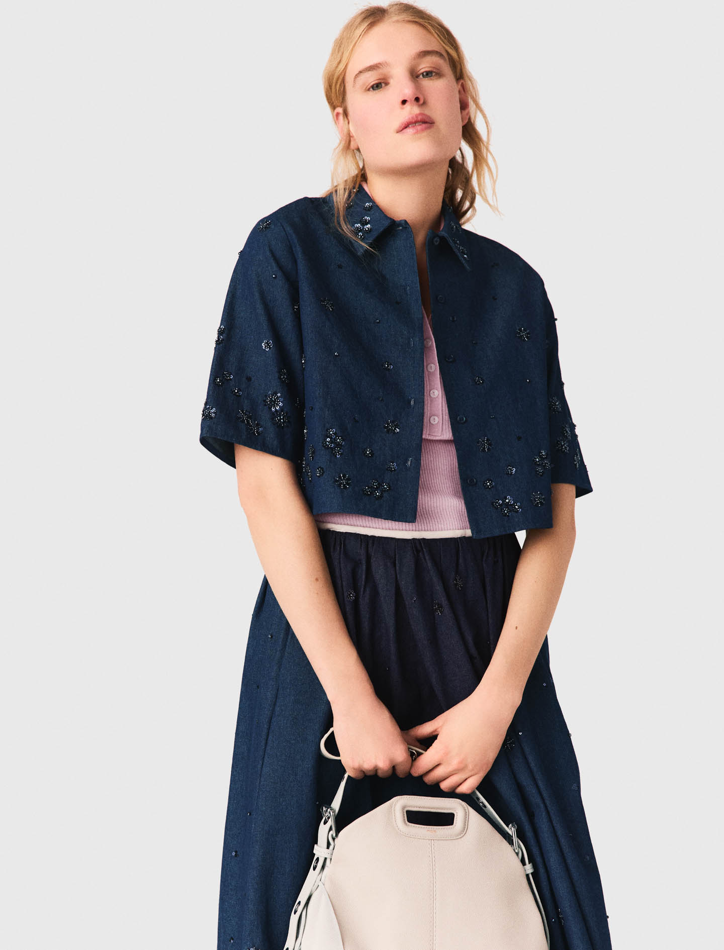 Embroidered cropped denim shirt - Navy