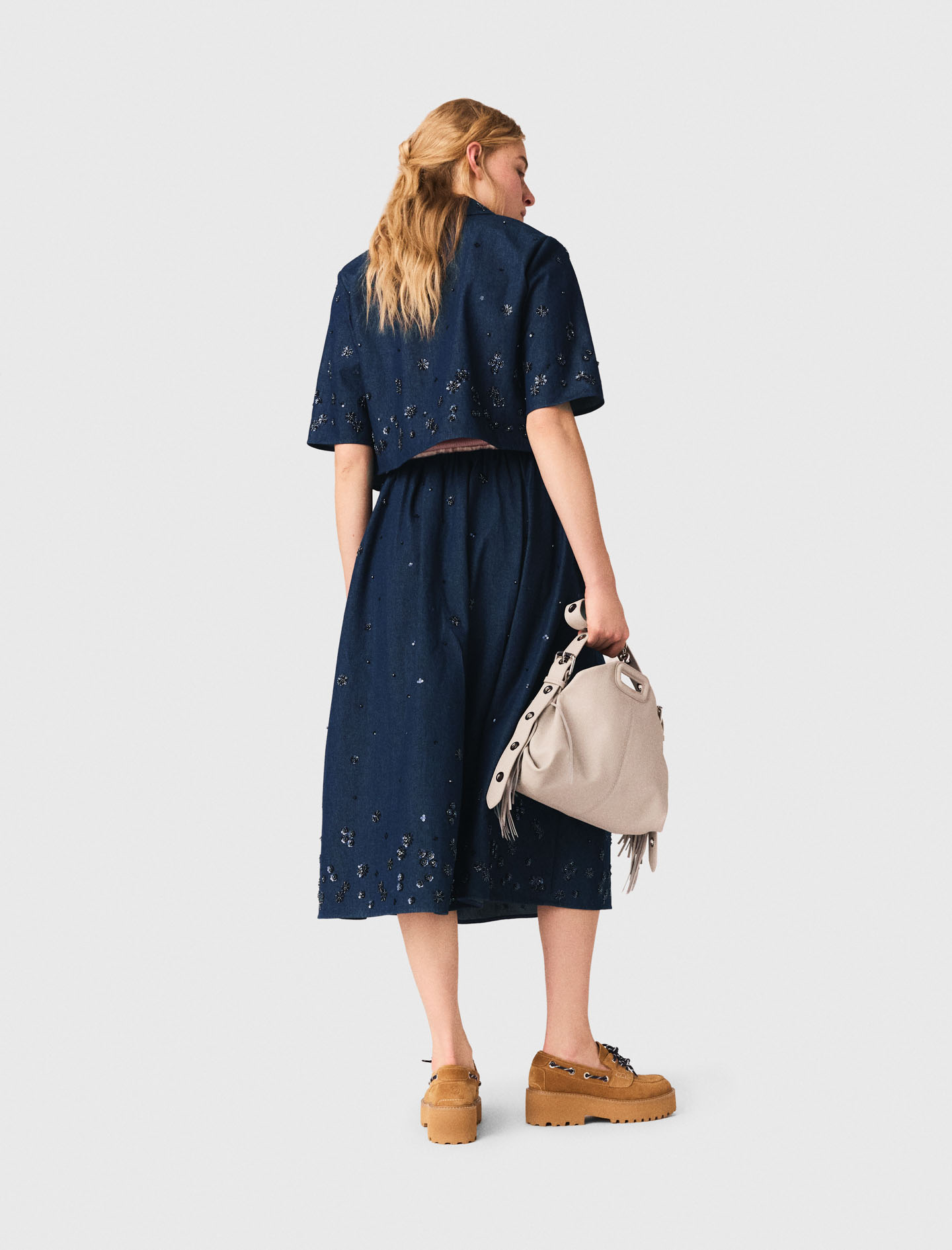 Embroidered cropped denim shirt - Navy