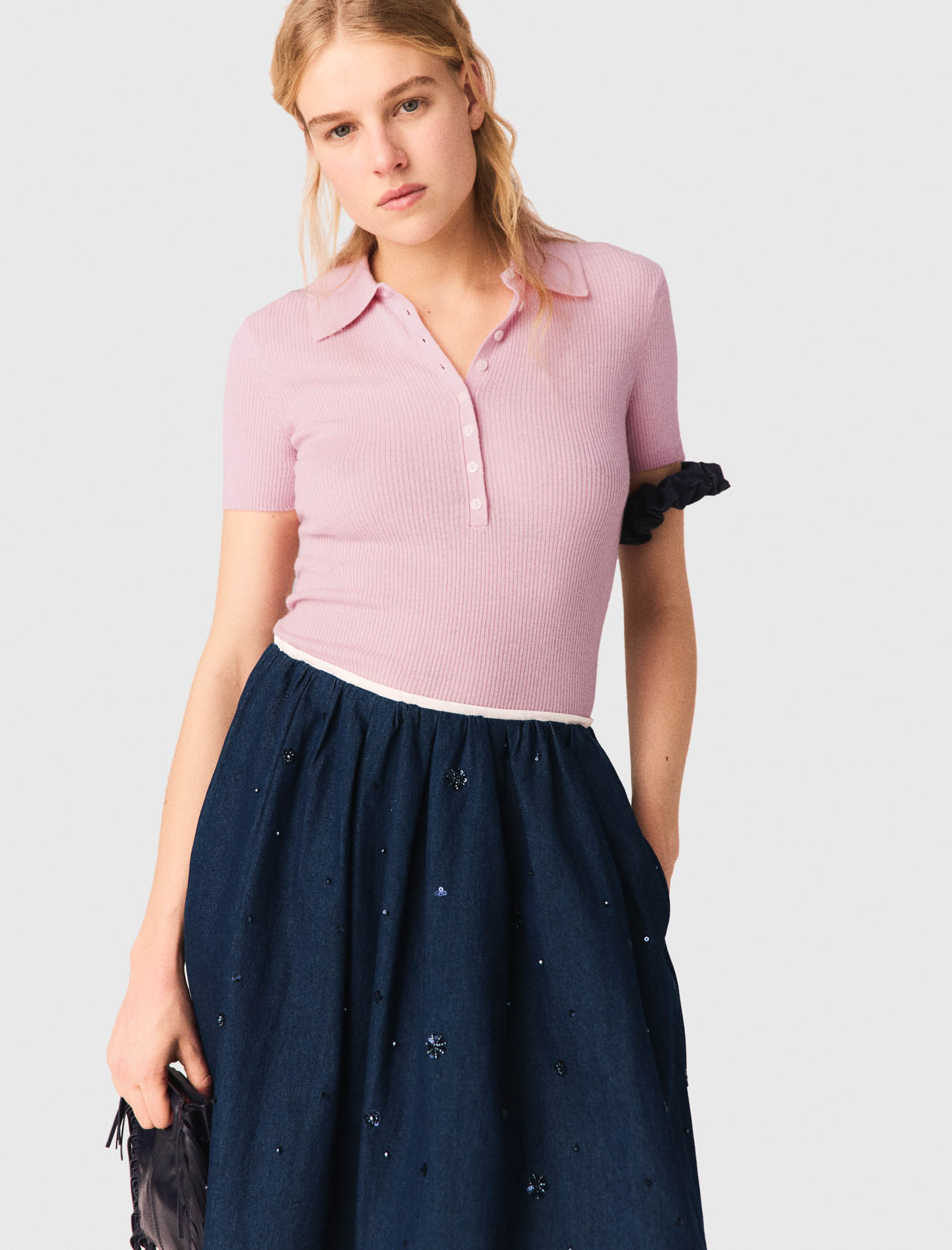 Embroidered denim midi skirt - Navy