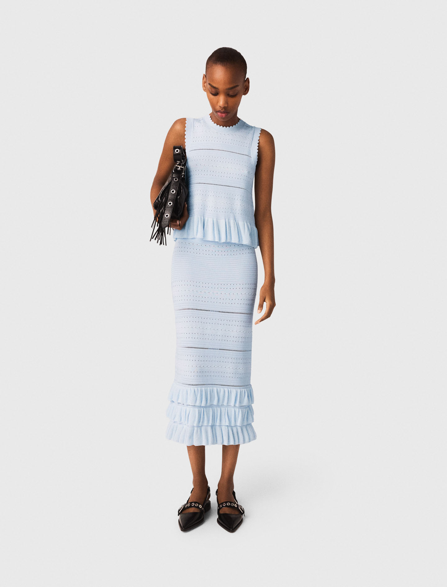 Long ruffled knit skirt - Blue