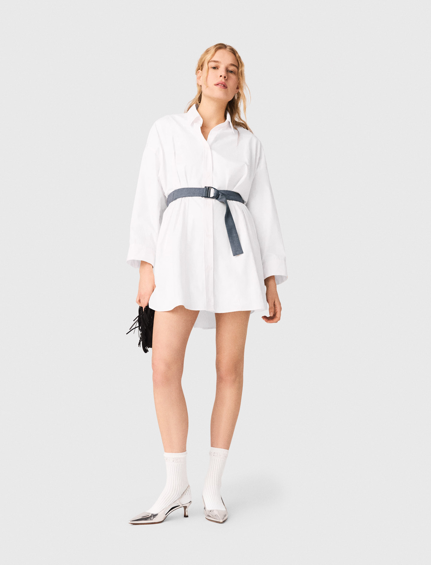 Shirt dress with contrast belt - White