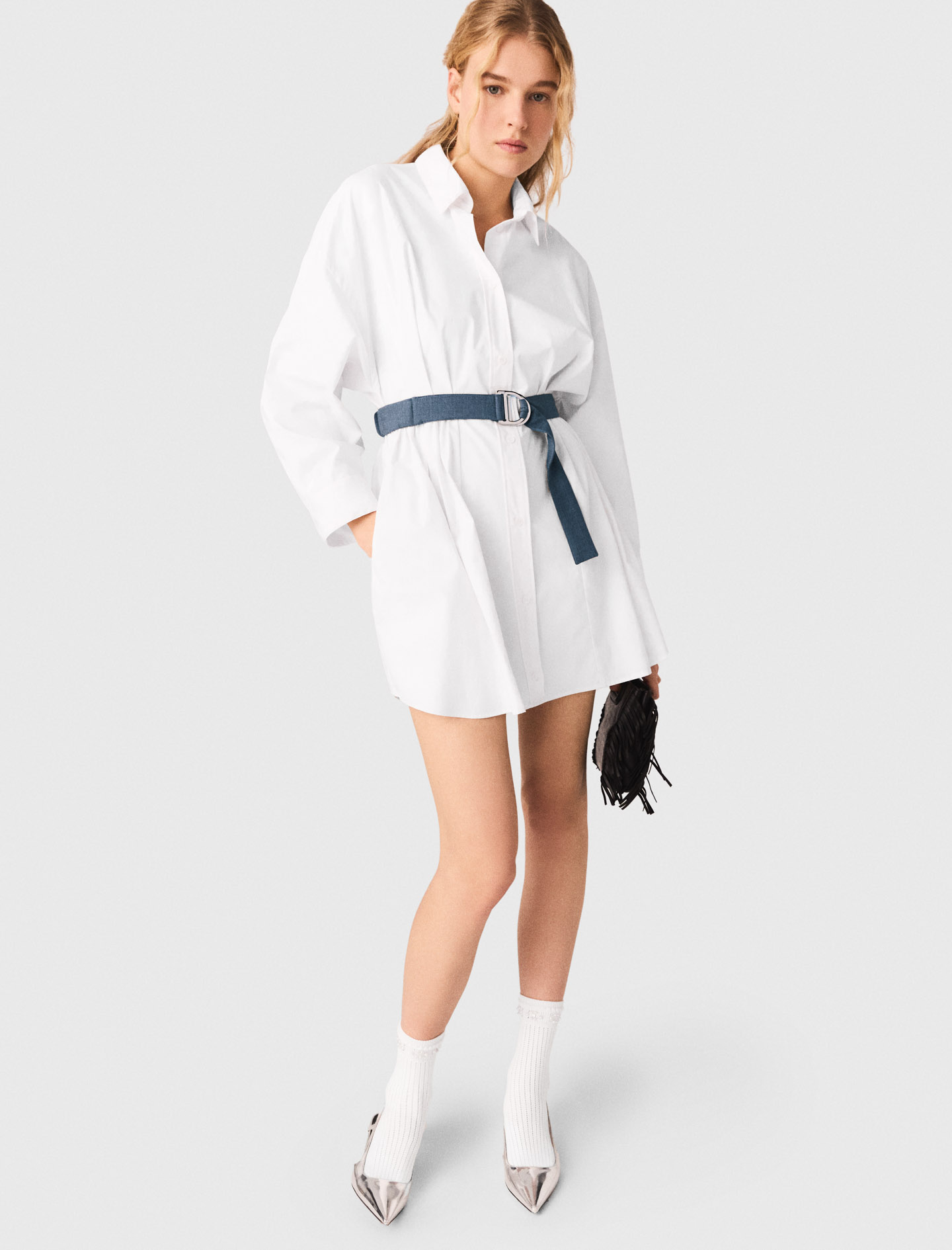 Shirt dress with contrast belt - White
