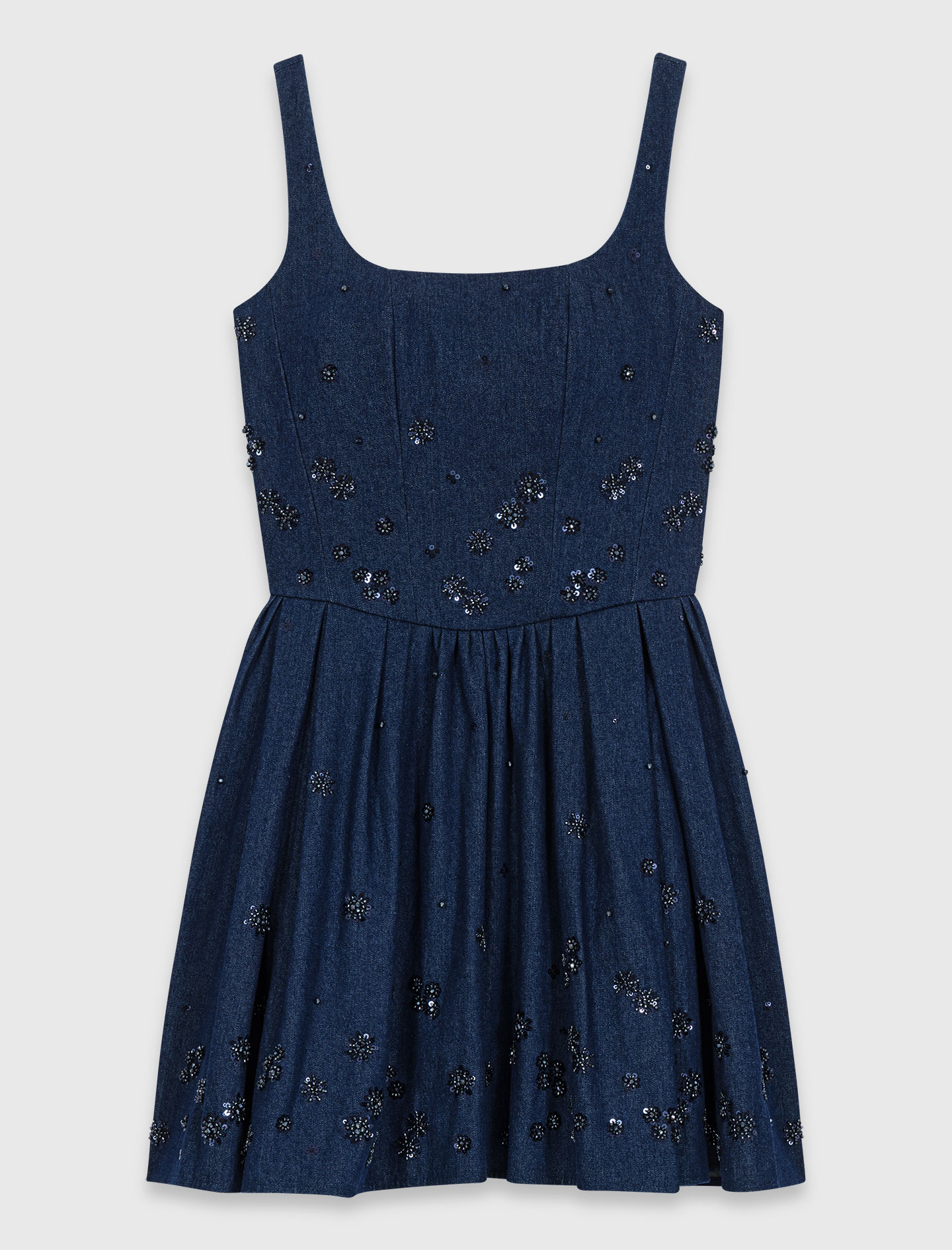 Flared embroidered denim dress - Navy