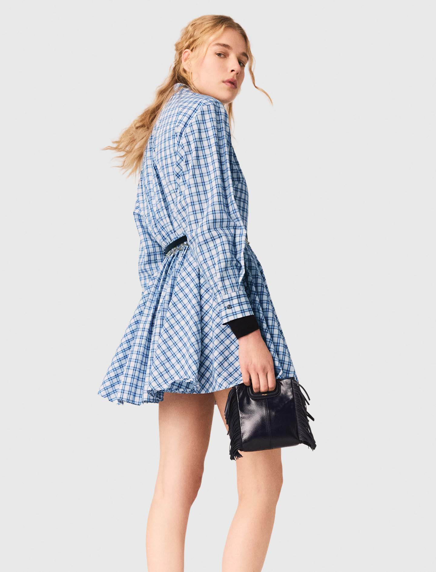 Rhinestone trim cotton shirt dress - Blue