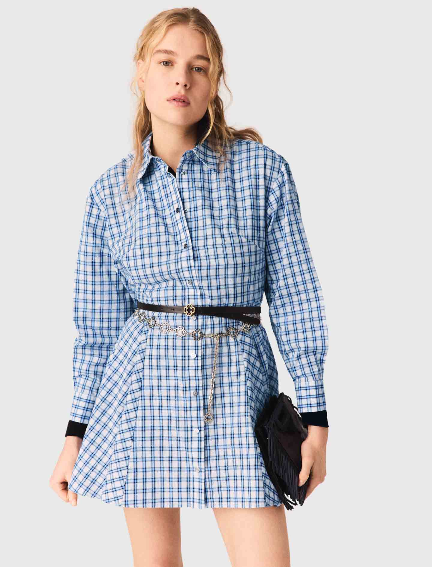 Rhinestone trim cotton shirt dress - Blue
