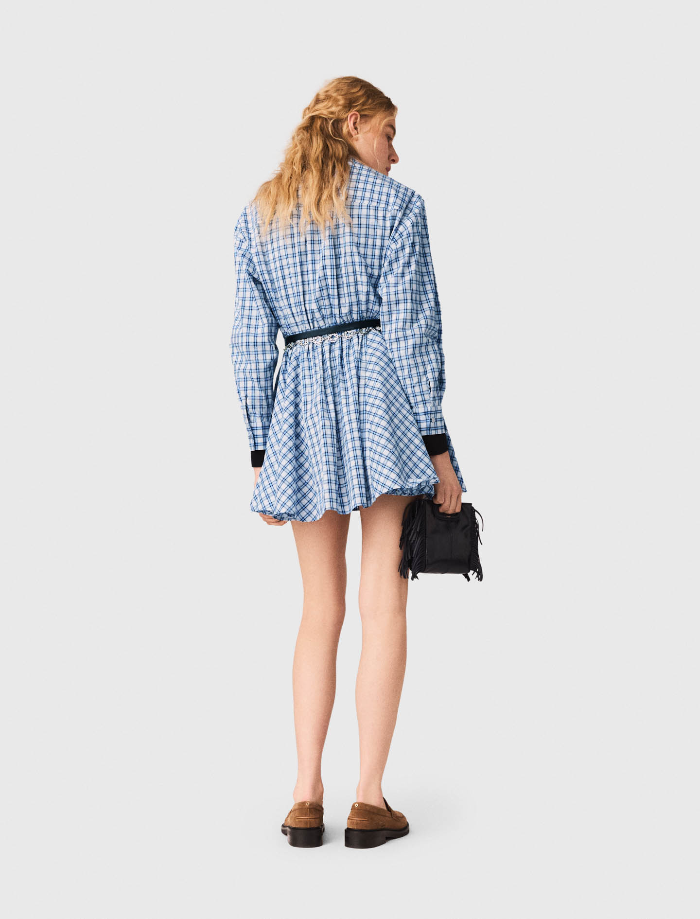 Rhinestone trim cotton shirt dress - Blue