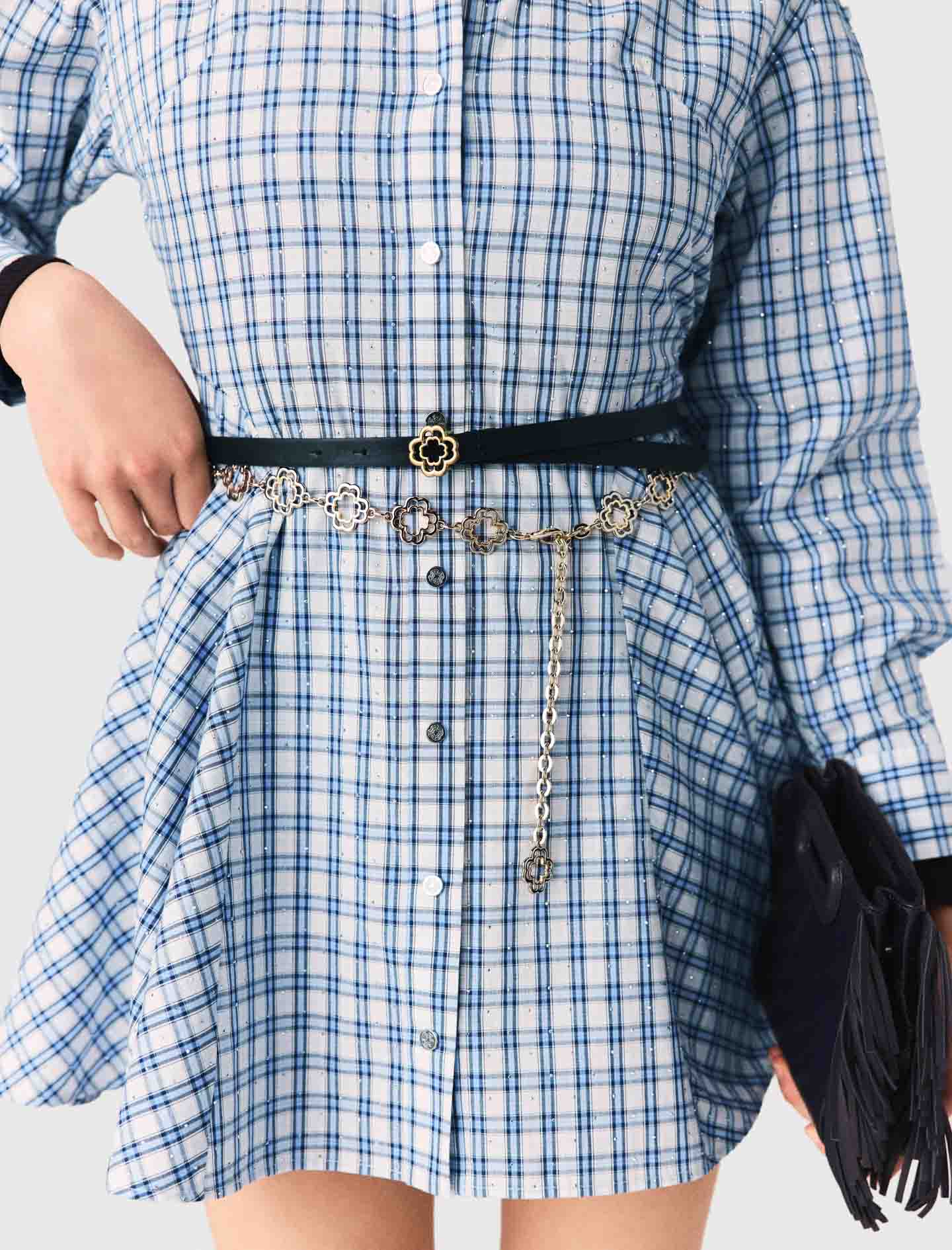 Rhinestone trim cotton shirt dress - Blue