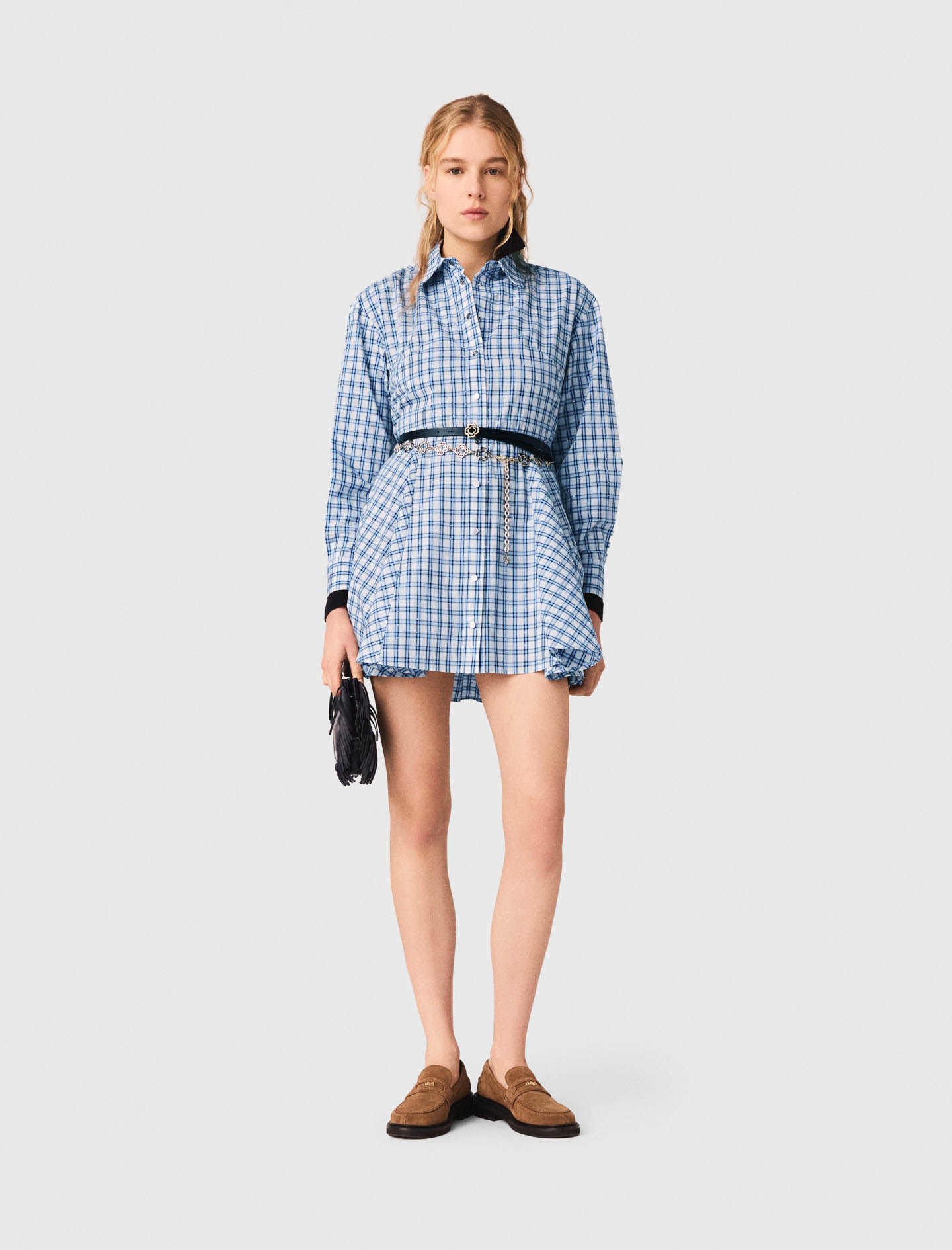Rhinestone trim cotton shirt dress - Blue