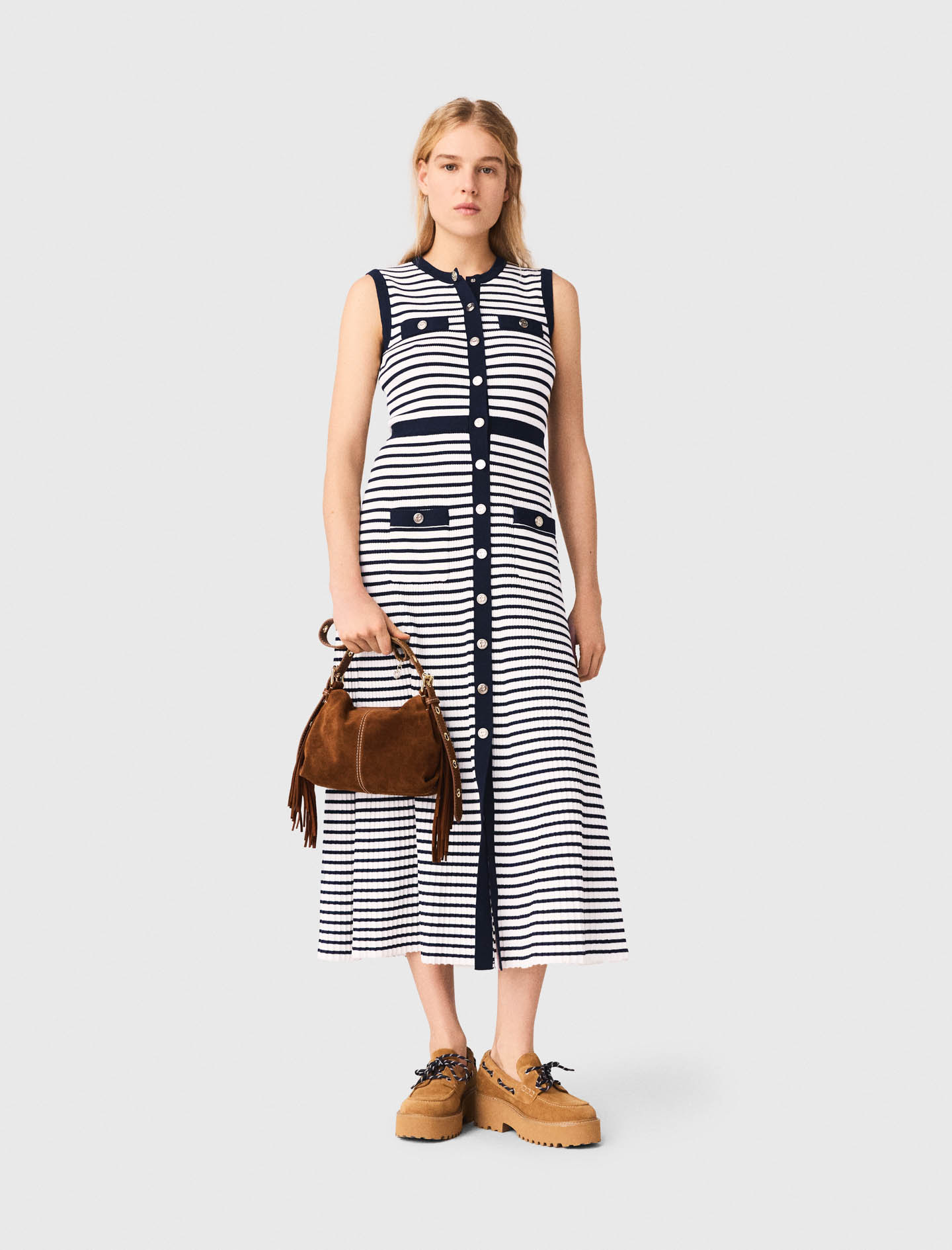 Breton stripe knit maxi dress - Ecru