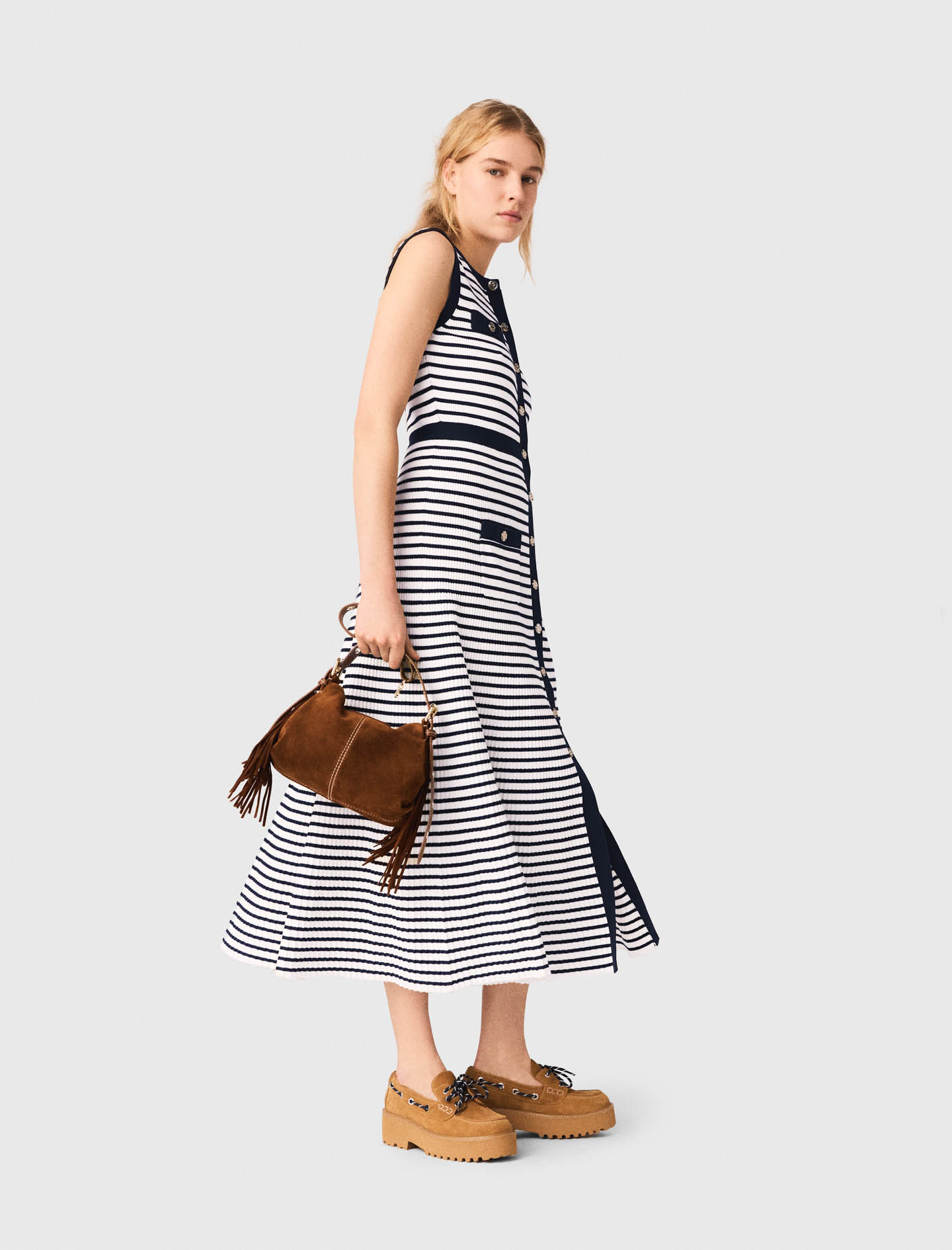 Breton stripe knit maxi dress - Ecru