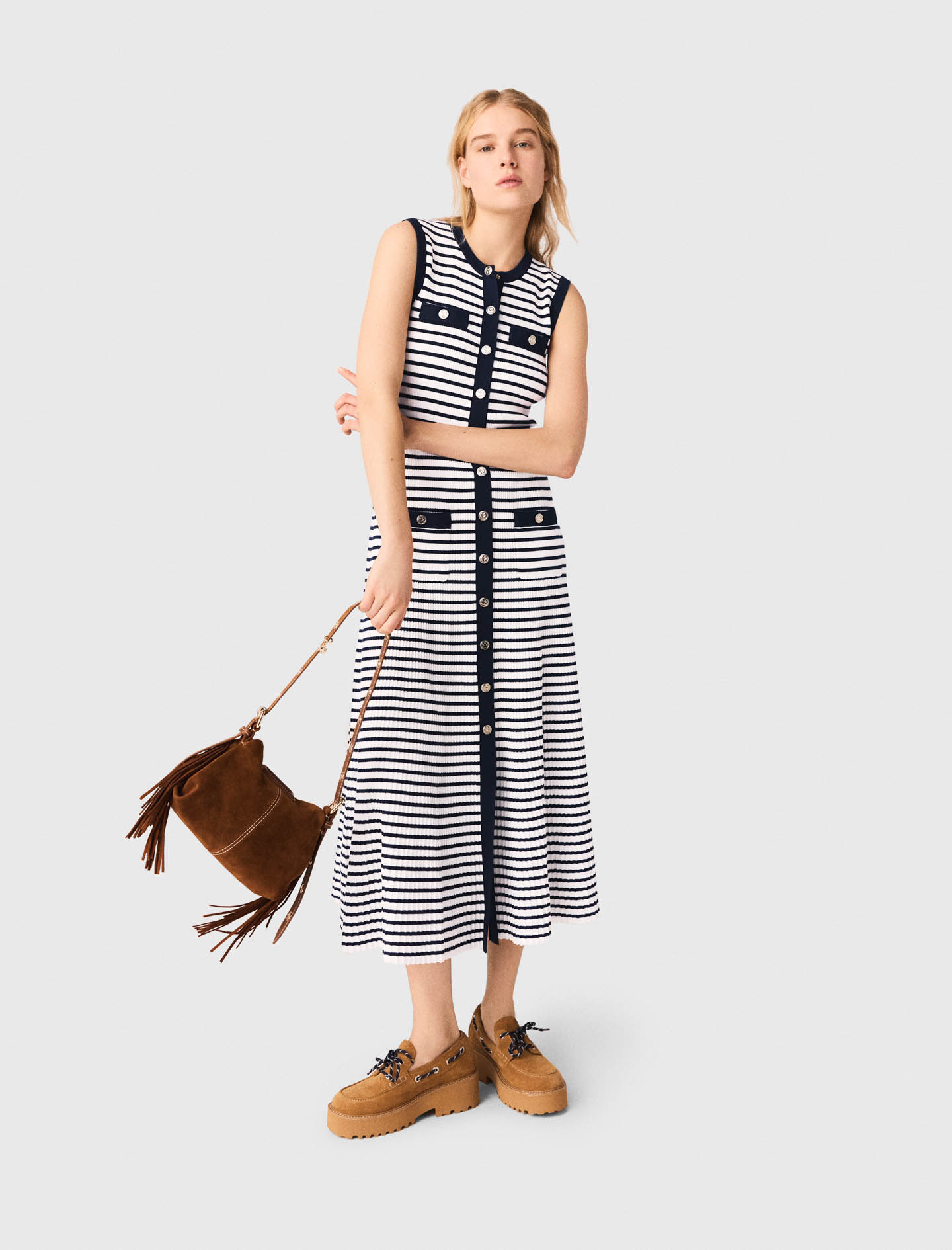 Breton stripe knit maxi dress - Ecru