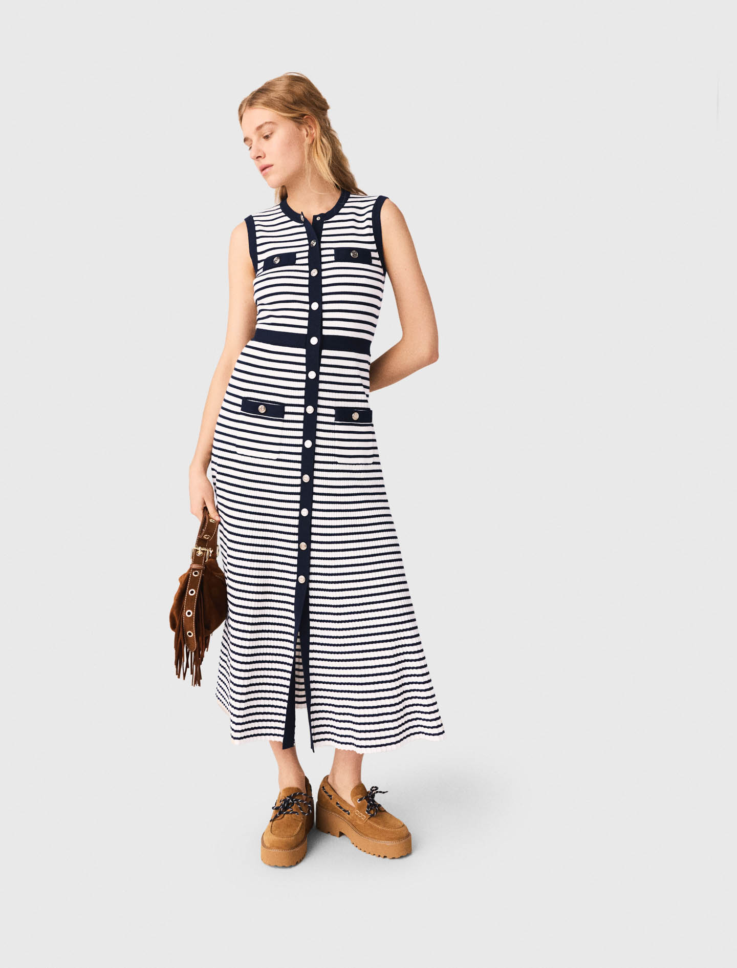 Breton stripe knit maxi dress - Ecru