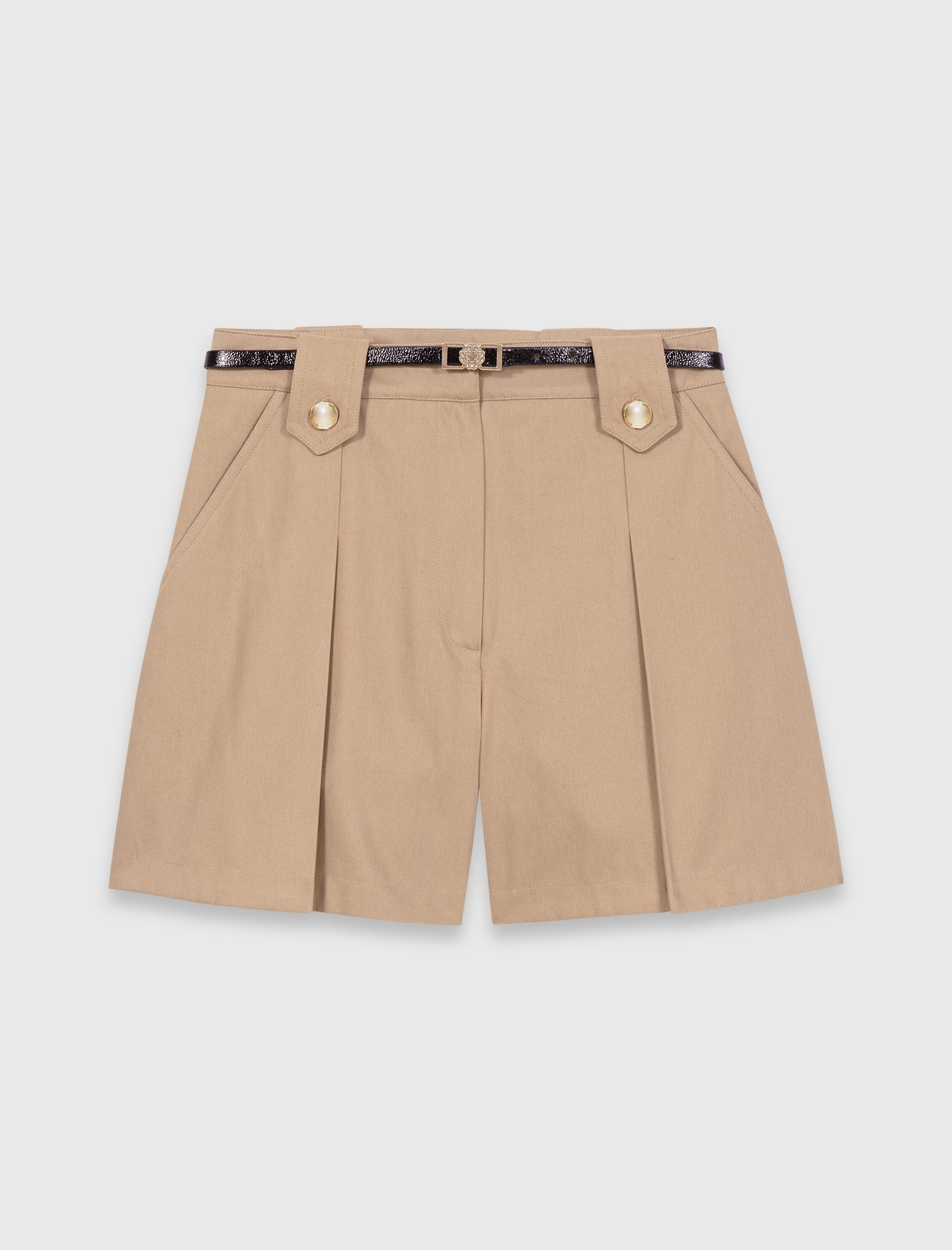 Pleated cotton shorts - Beige