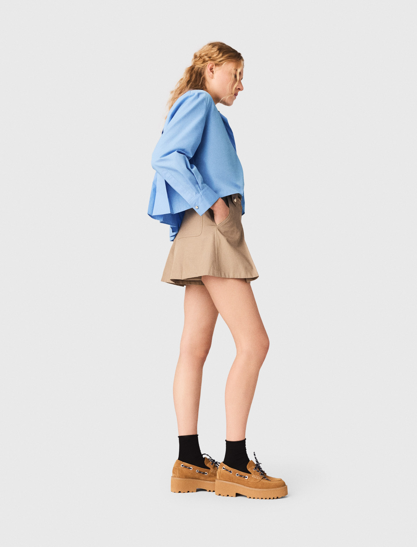 Pleated cotton shorts - Beige