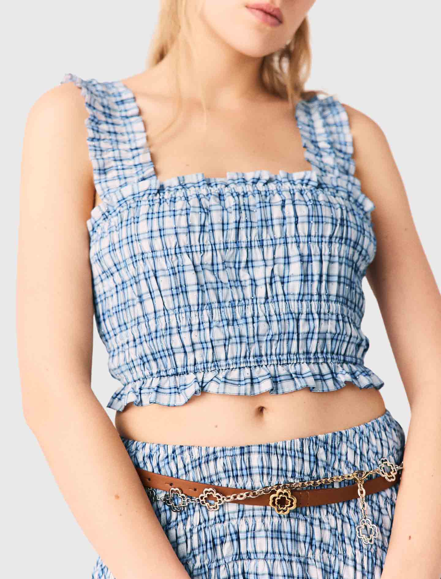 Smocked rhinestone cotton top - Blue