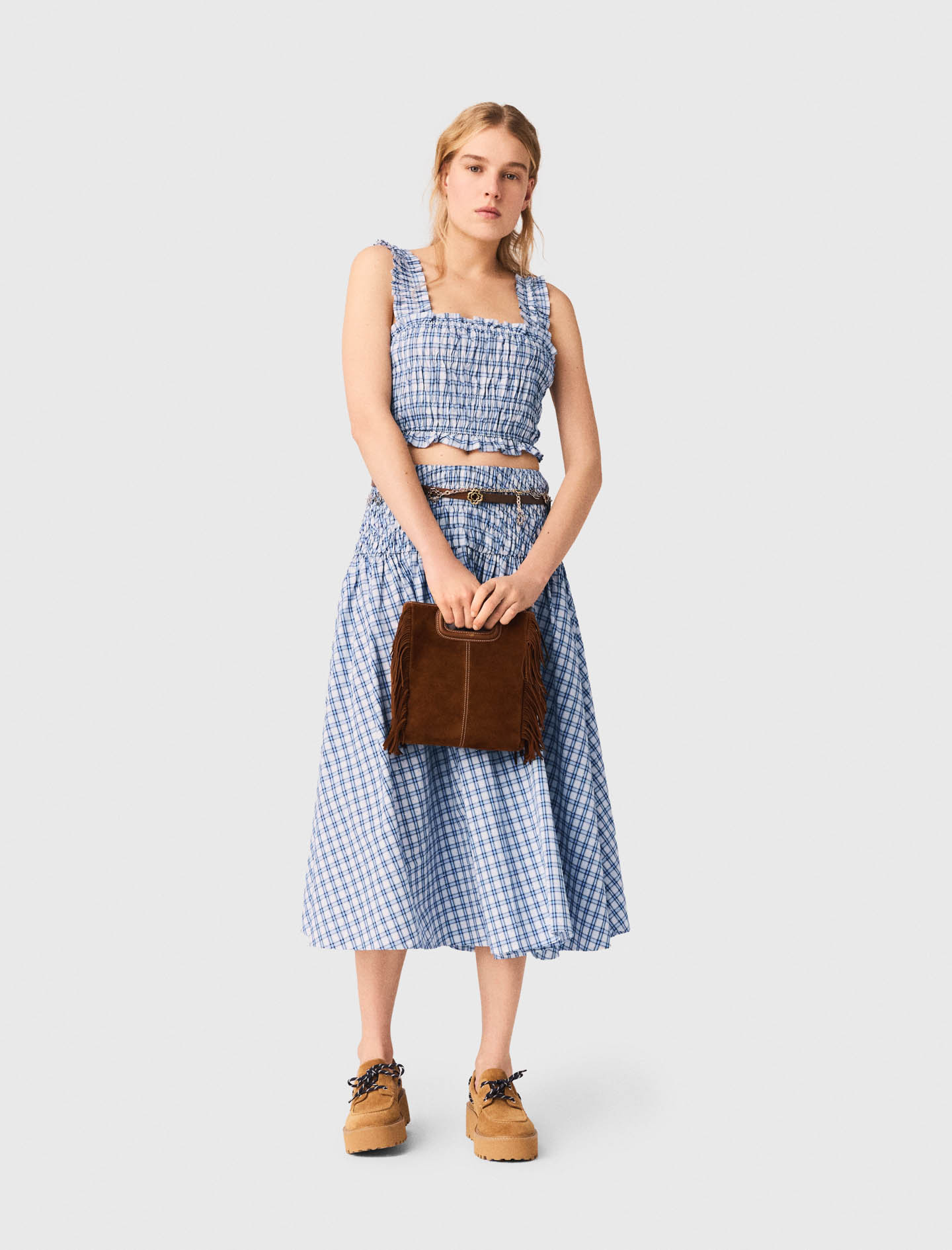 Smocked rhinestone cotton top - Blue