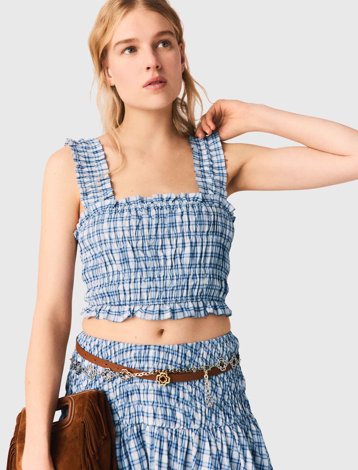 Smocked rhinestone cotton top - Blue