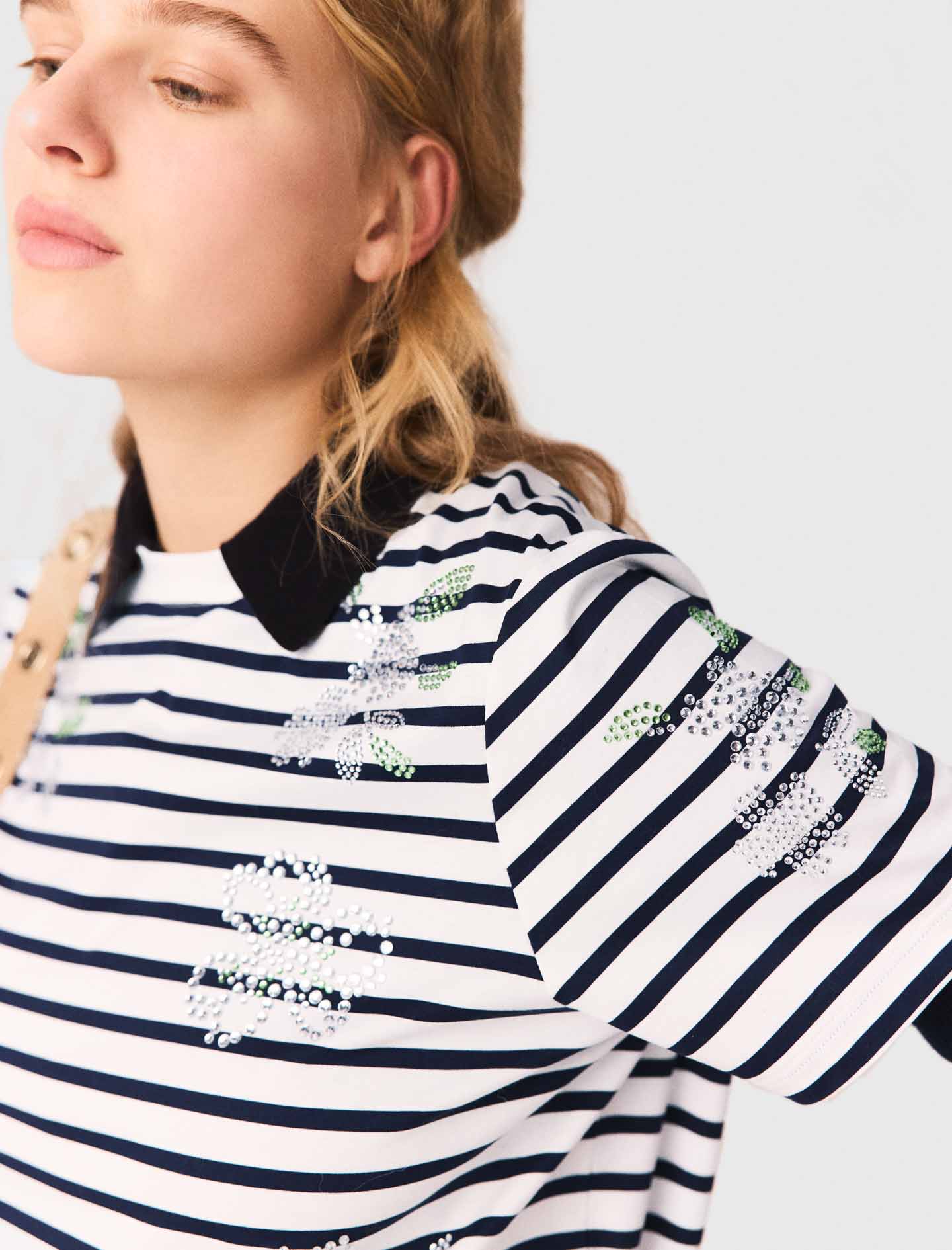 Striped rhinestone flower T shirt - White