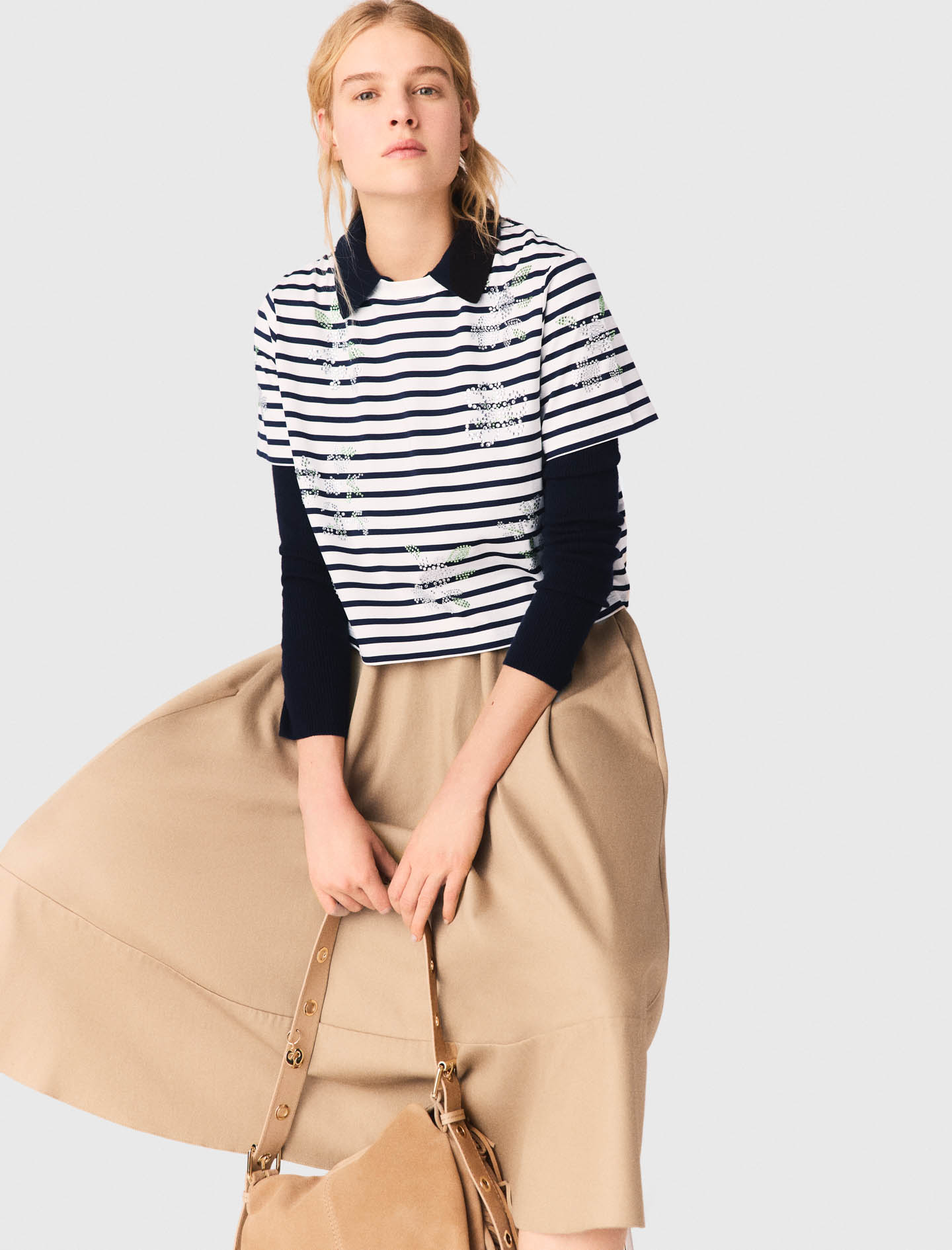 Striped rhinestone flower T shirt - White