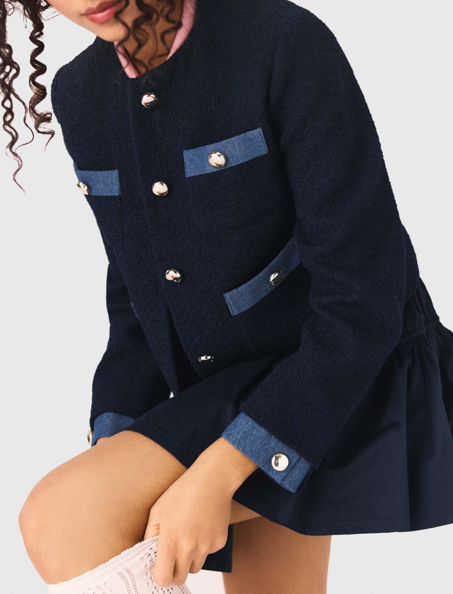 Tweed jacket with denim trim - Navy