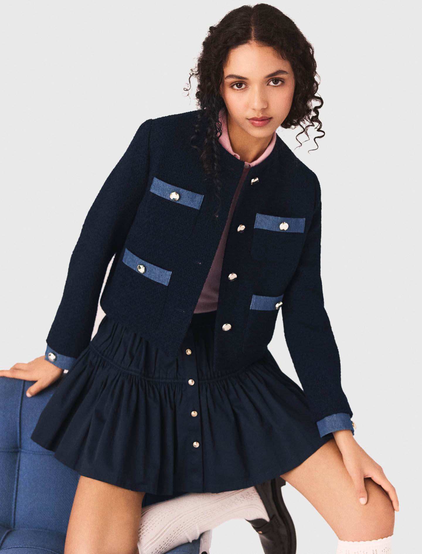 Tweed jacket with denim trim - Navy
