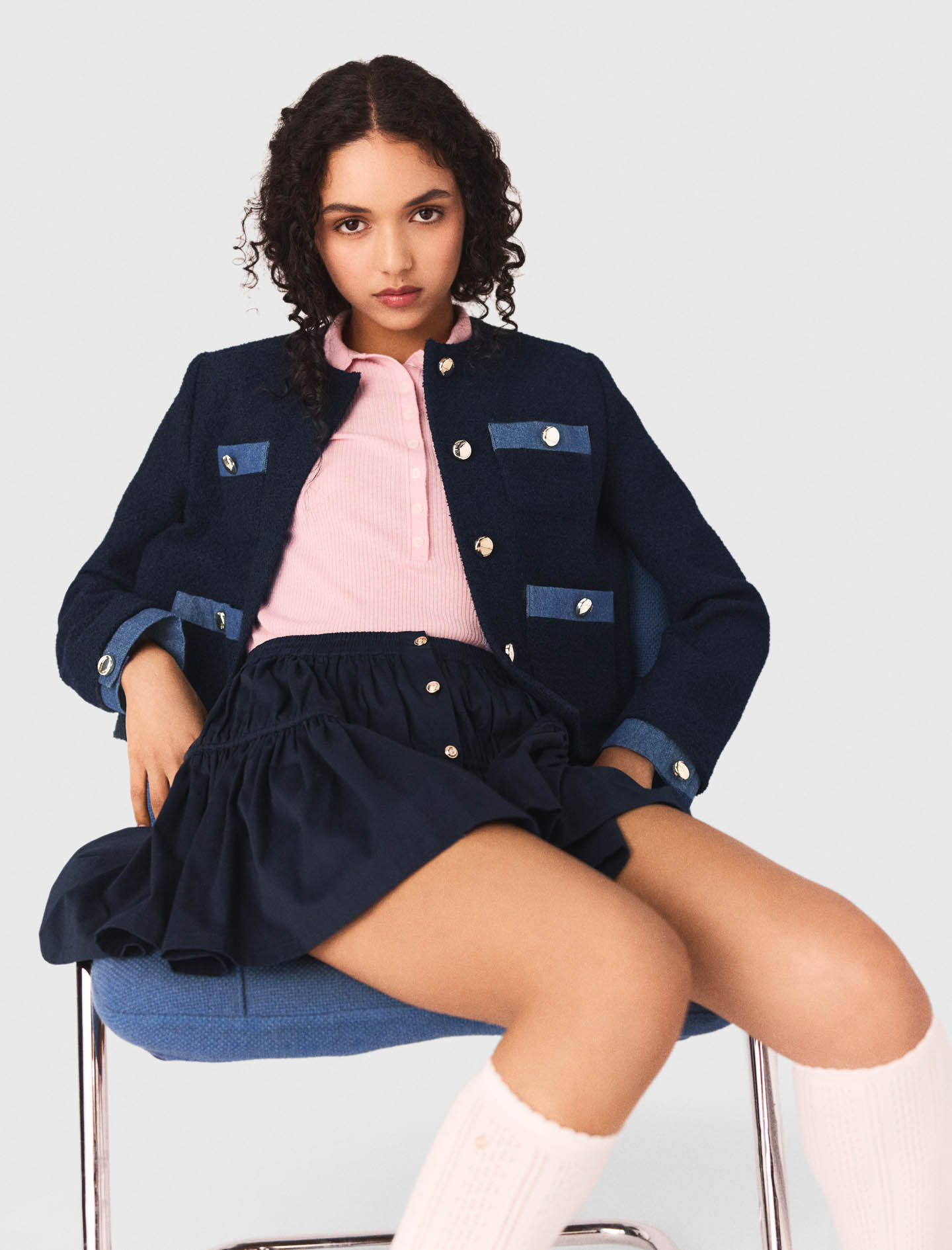 Tweed jacket with denim trim - Navy