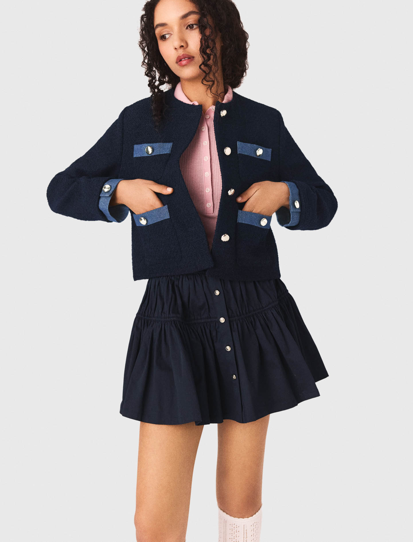 Tweed jacket with denim trim - Navy