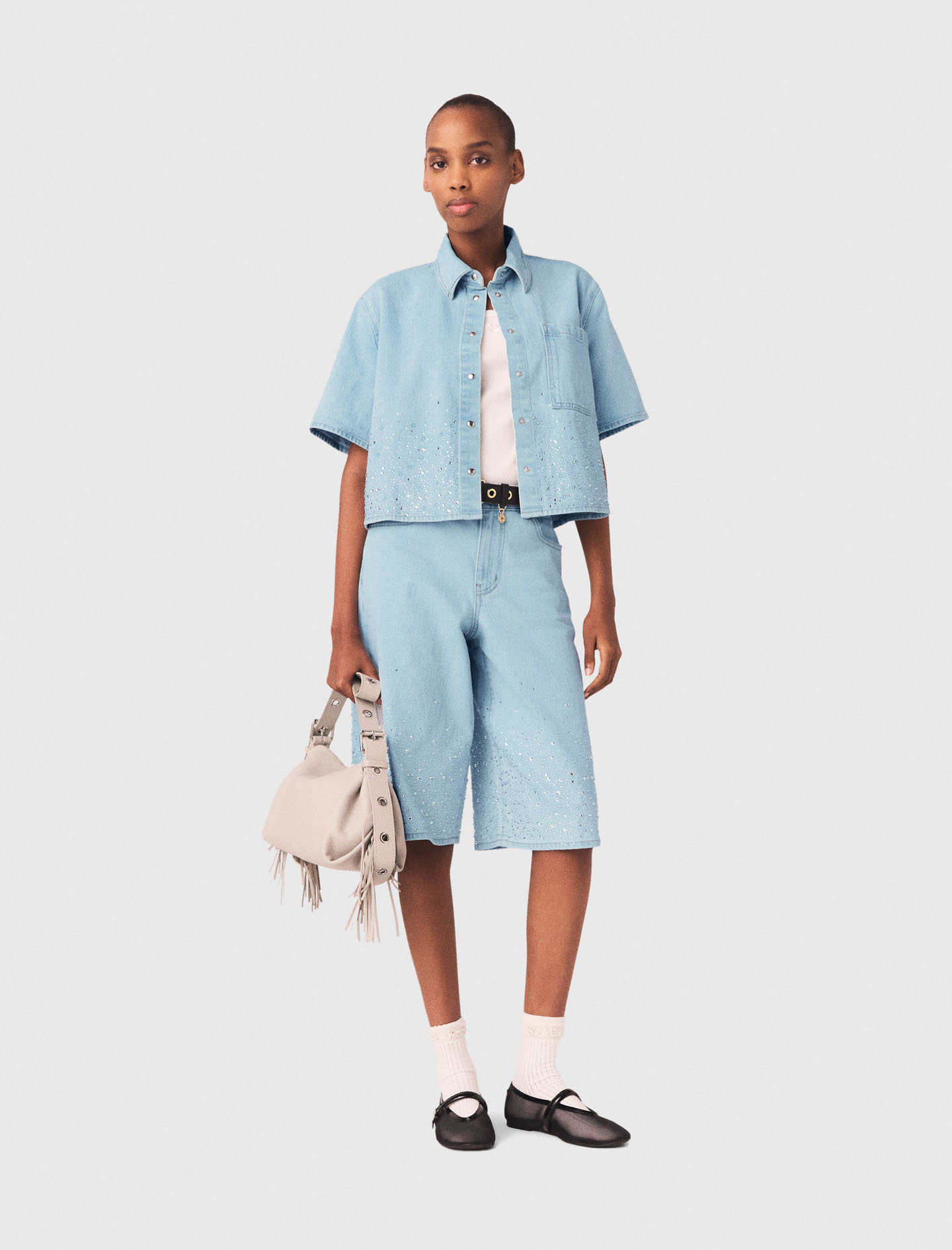 Cropped rhinestone denim shirt - Blue