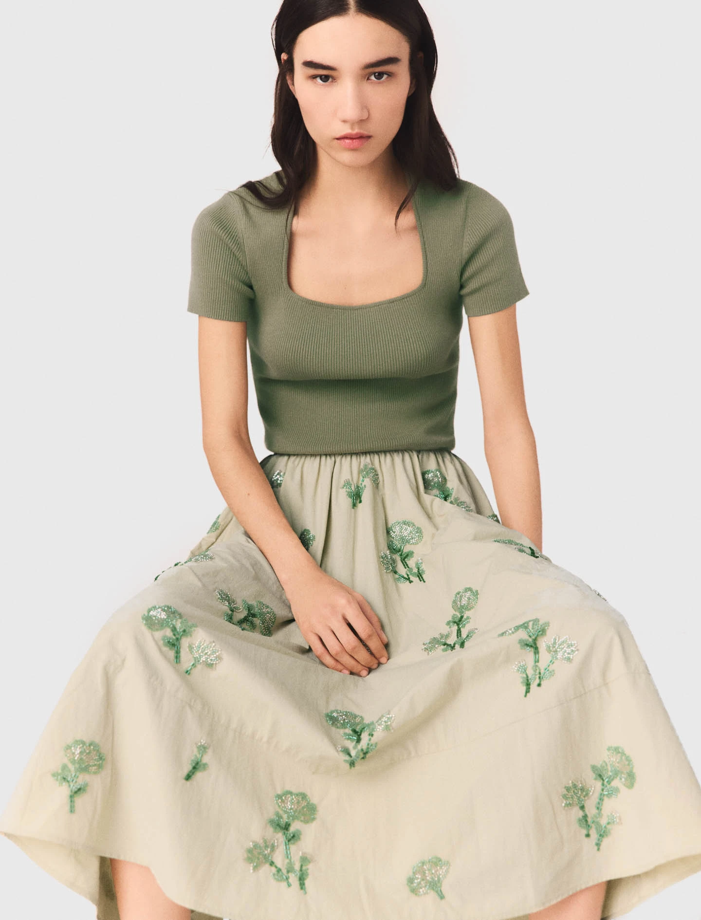 Embroidered technical skirt - Beige