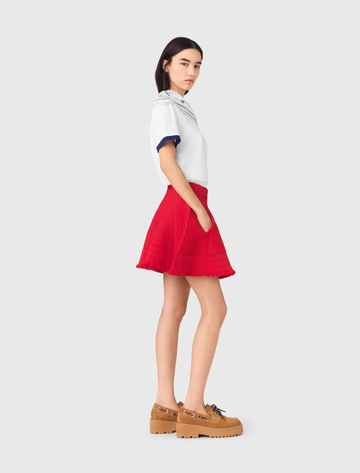 Compact knit short skirt - Red