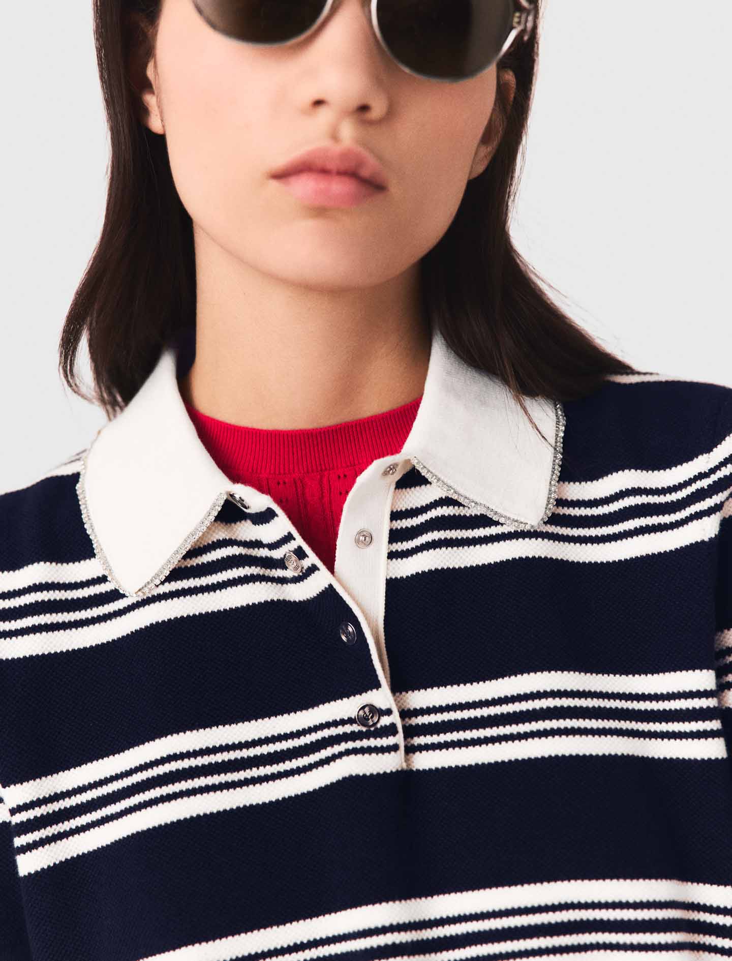 Striped polo with rhinestone collar - Ecru
