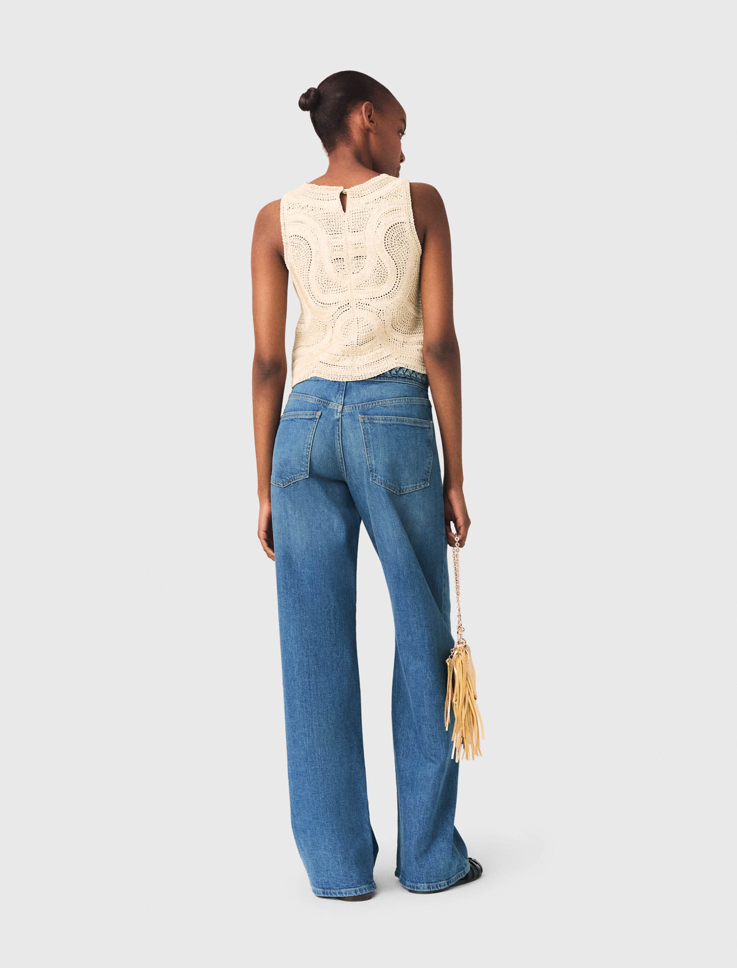 Sleeveless crochet knit top - Beige