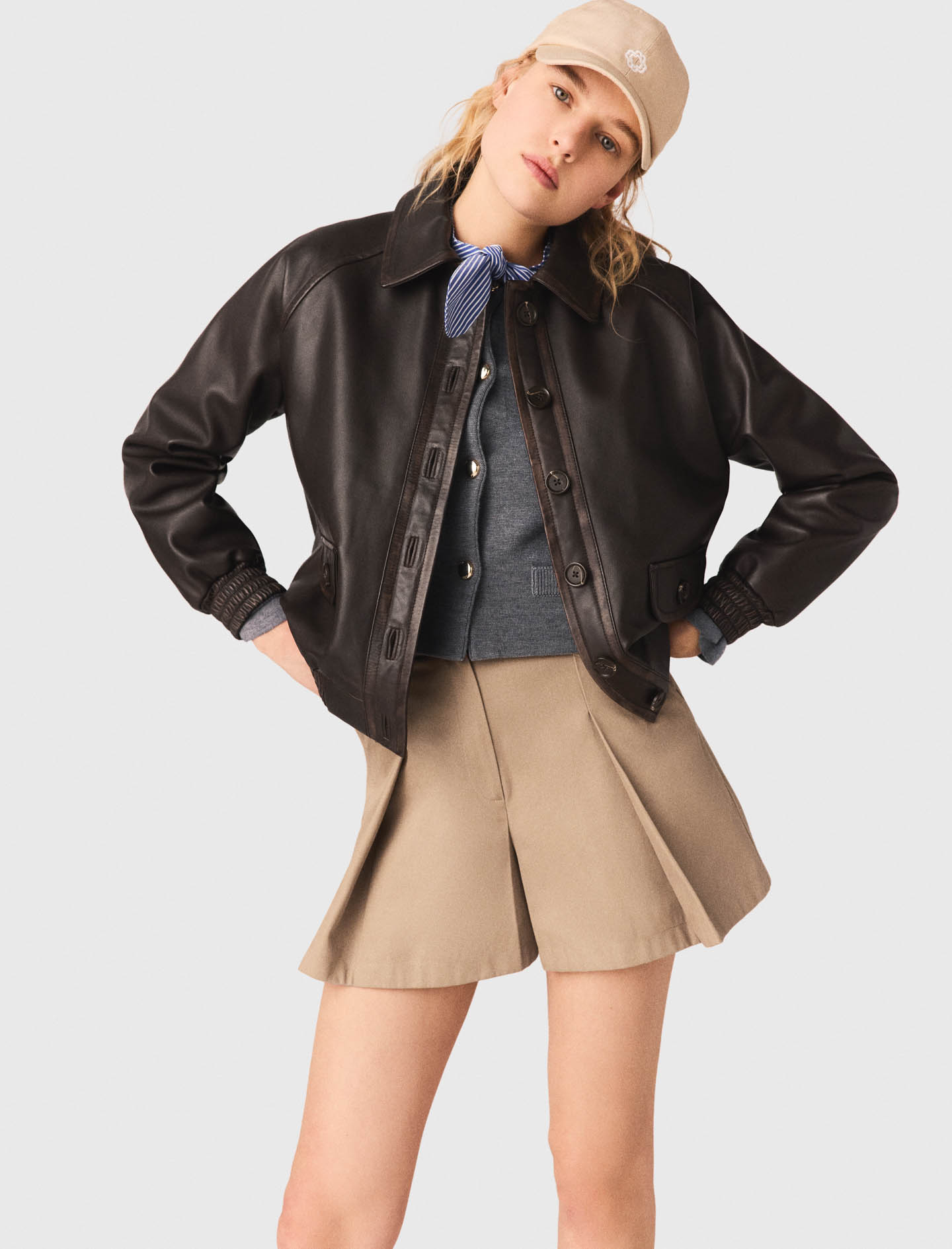 Cropped leather jacket - Brown