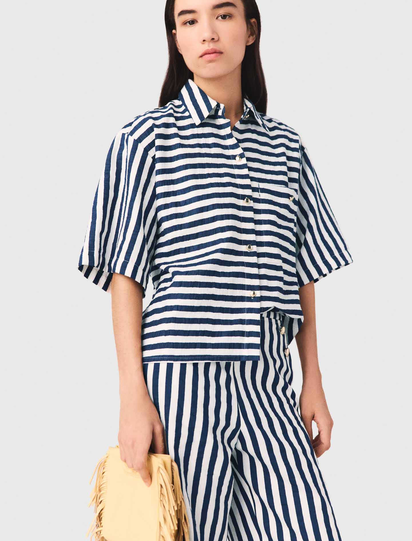 Cropped linen blend shirt - Blue