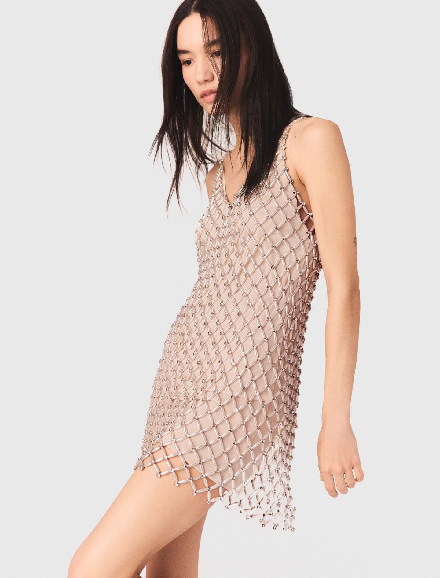 Short beaded dress with lining - Ecru