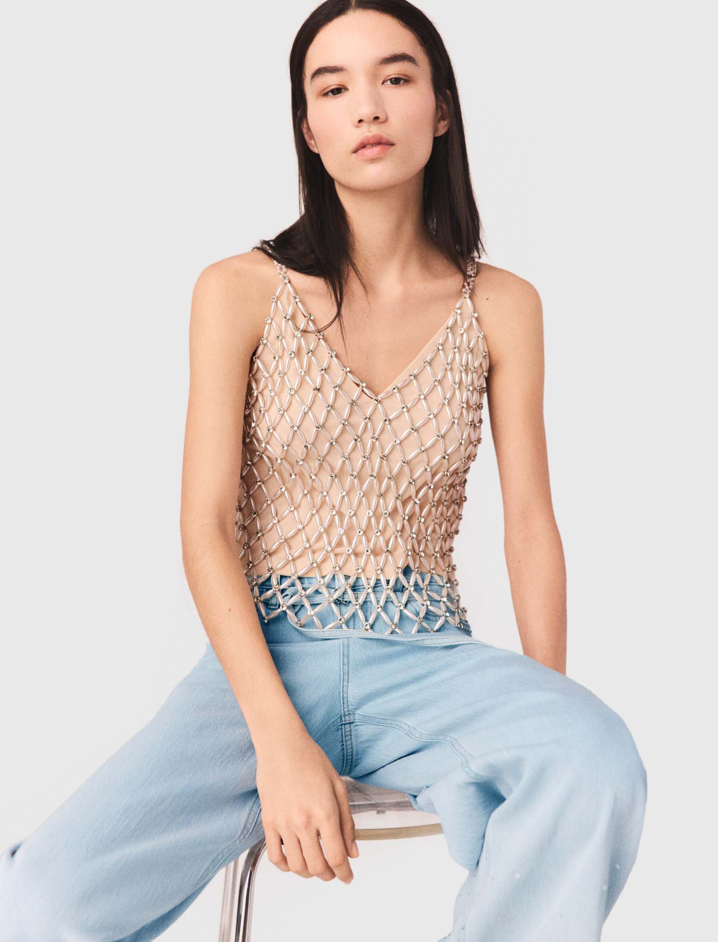 Beaded top with lining - Ecru