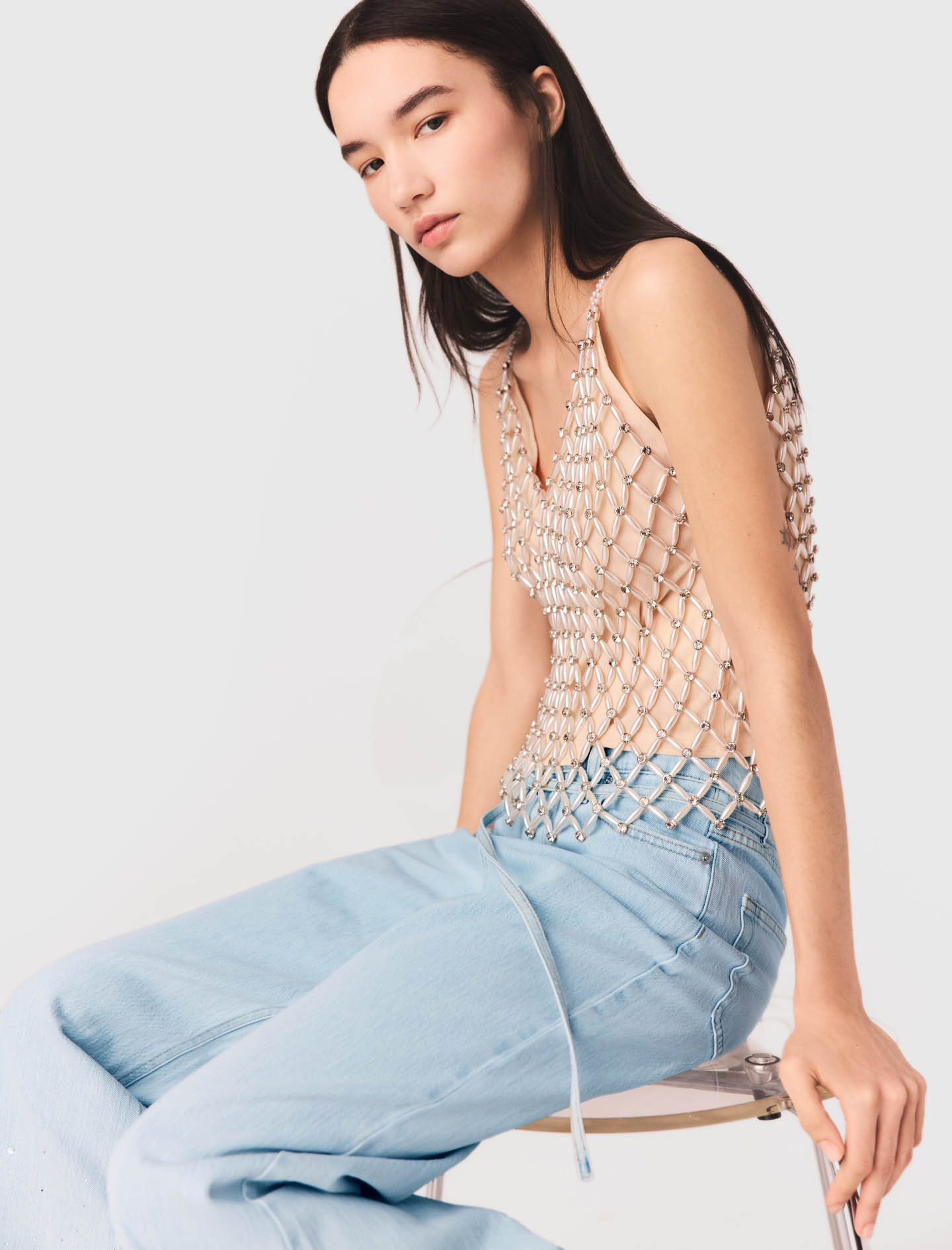 Beaded top with lining - Ecru