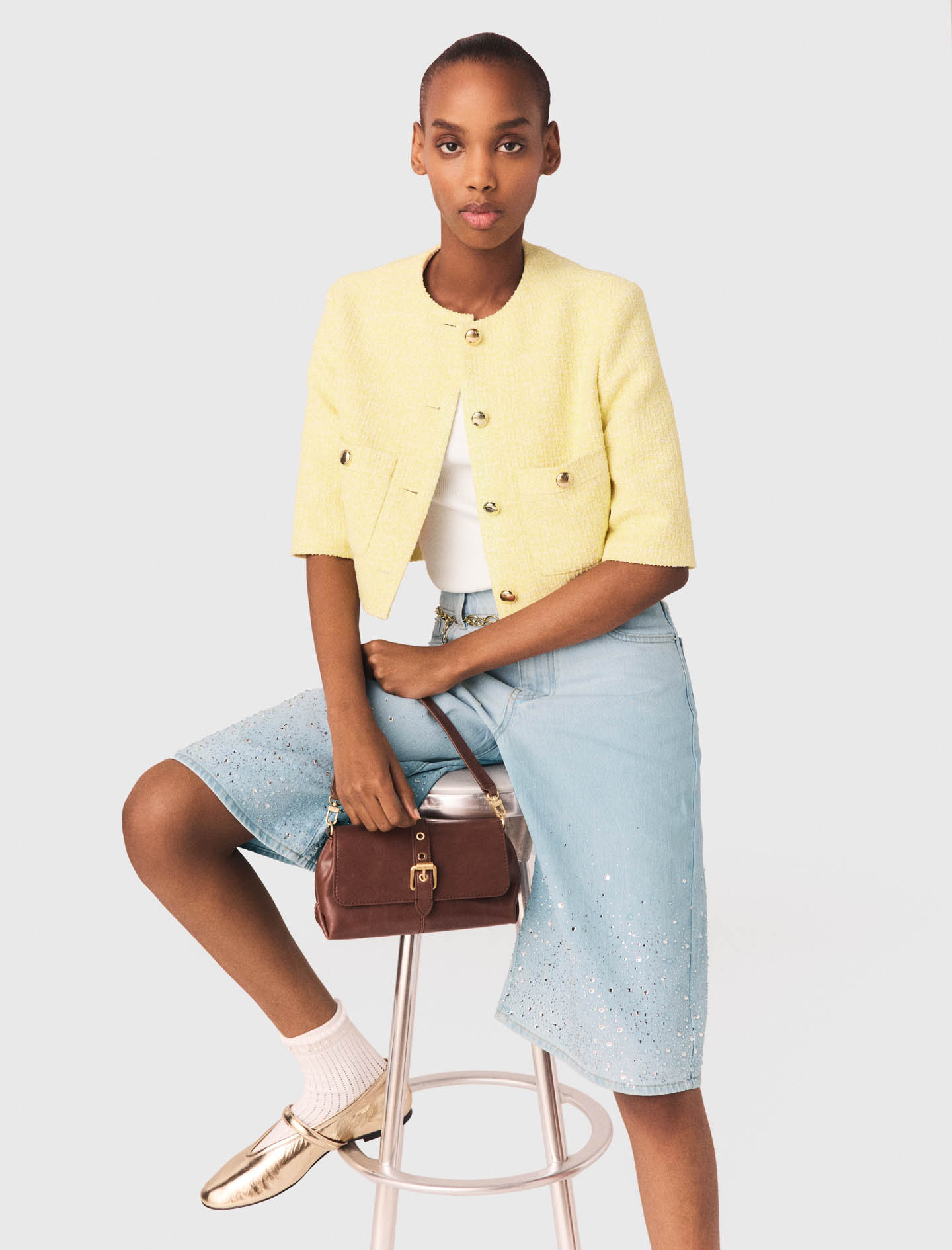 Short sleeved tweed jacket Yellow | Maje