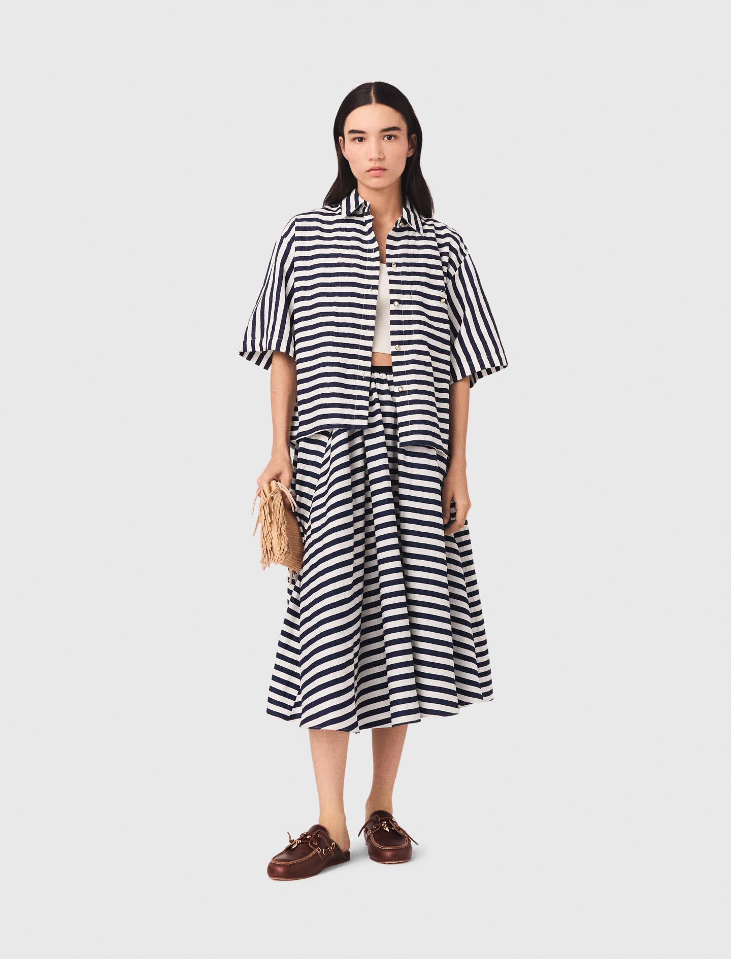 Linen blend midi skirt - Blue